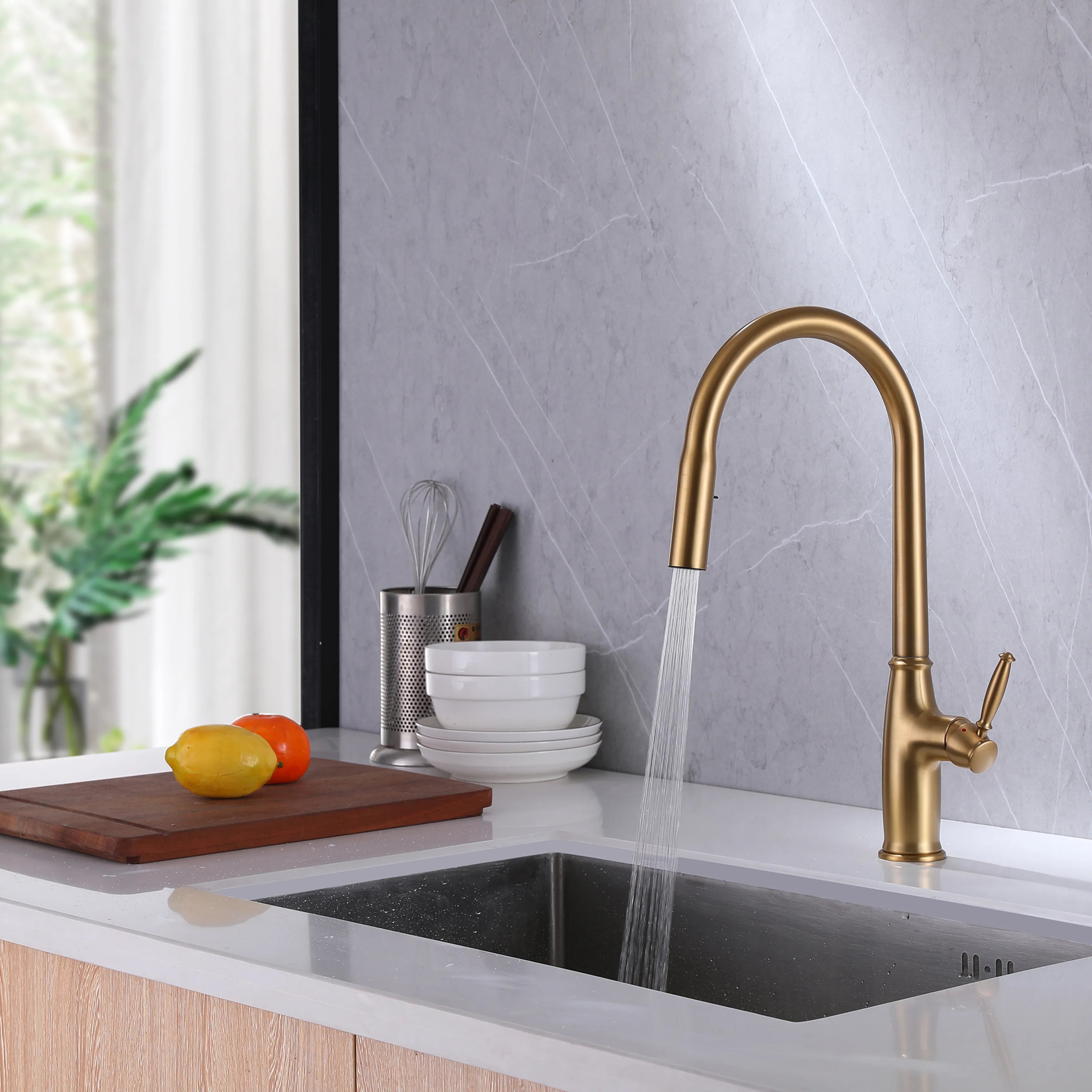 Single Hole Pull Down Kitchen Sink Faucet In Brushed Gold