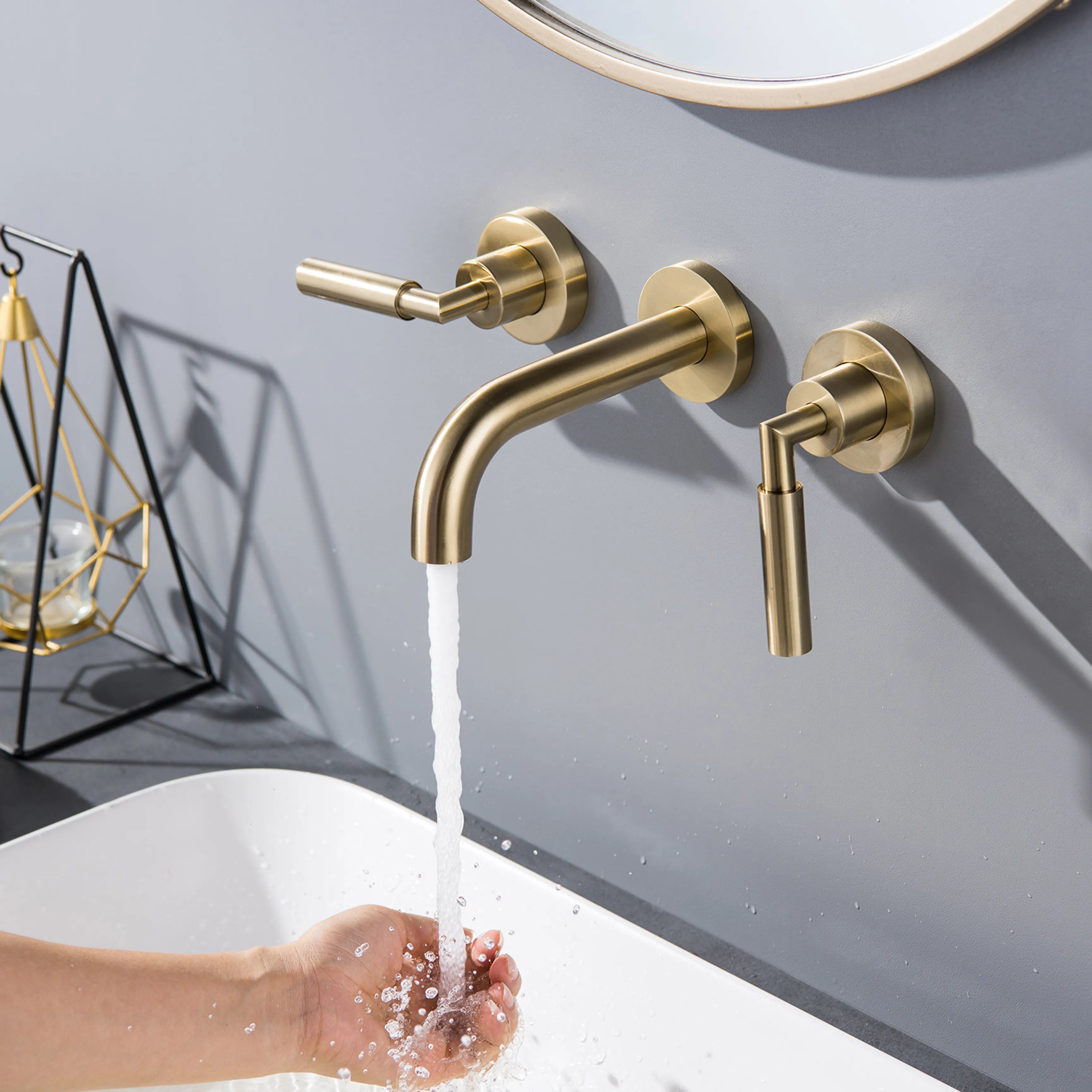 2-Handle Wall Mounted Bathroom Faucet In Matte Black Brushed Gold