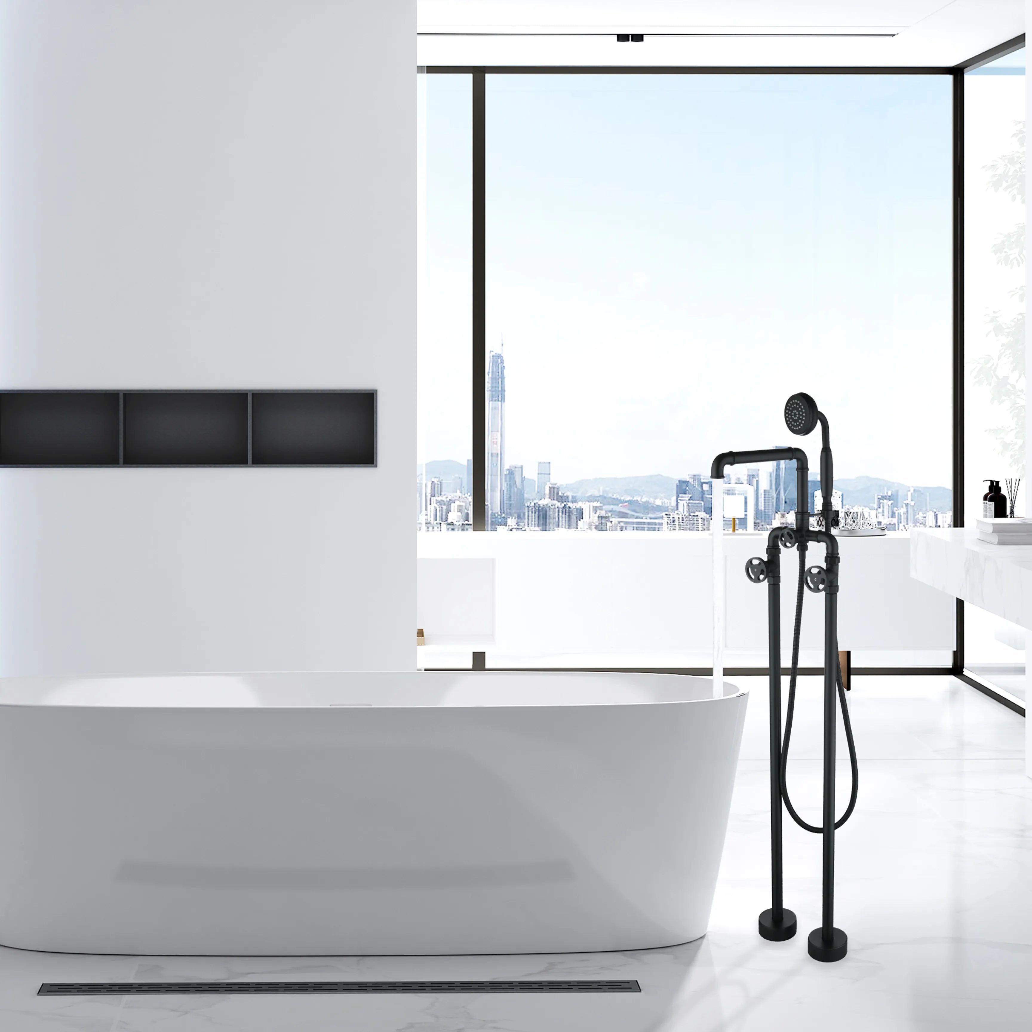 Matte Black Floor Mounted Bathtub Faucet With Hand Shower And Tub Spout