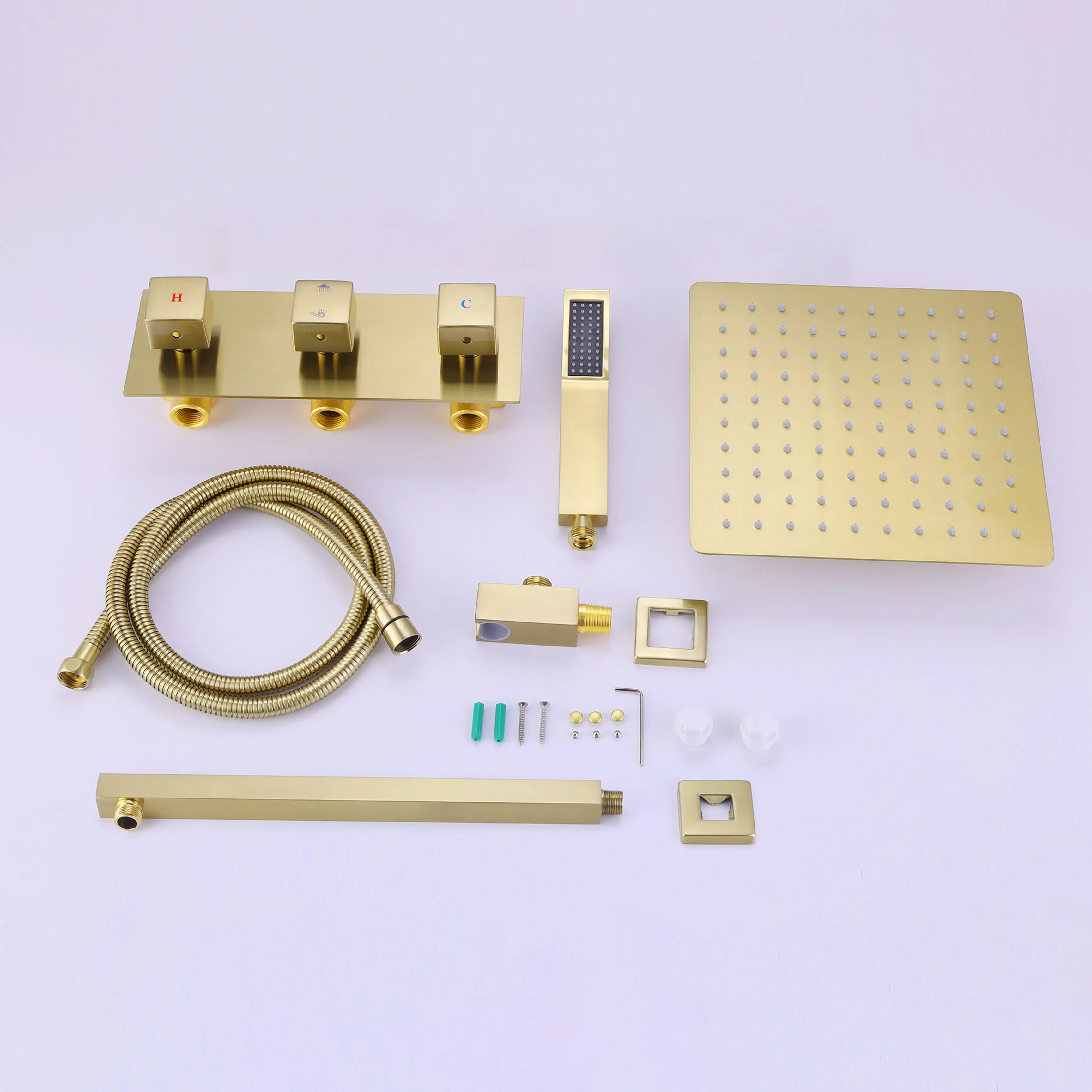 Brushed Gold Shower System With Handheld Shower Head And Rainfall Shower Head