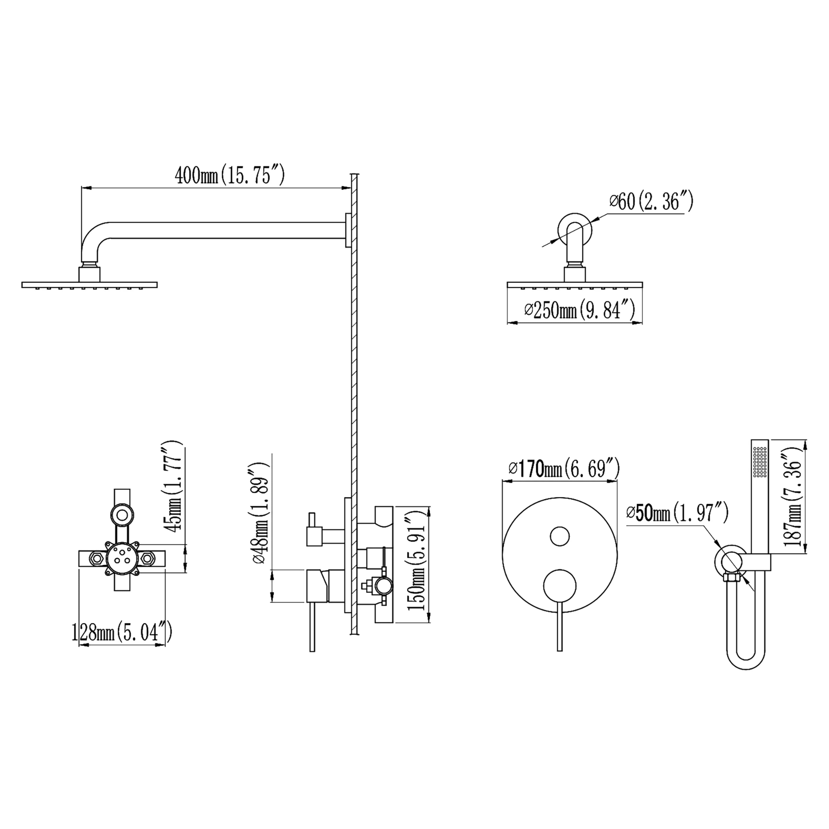 Matte Black Wall Mounted 2-Function Shower System With Pressure-Balanced Valve