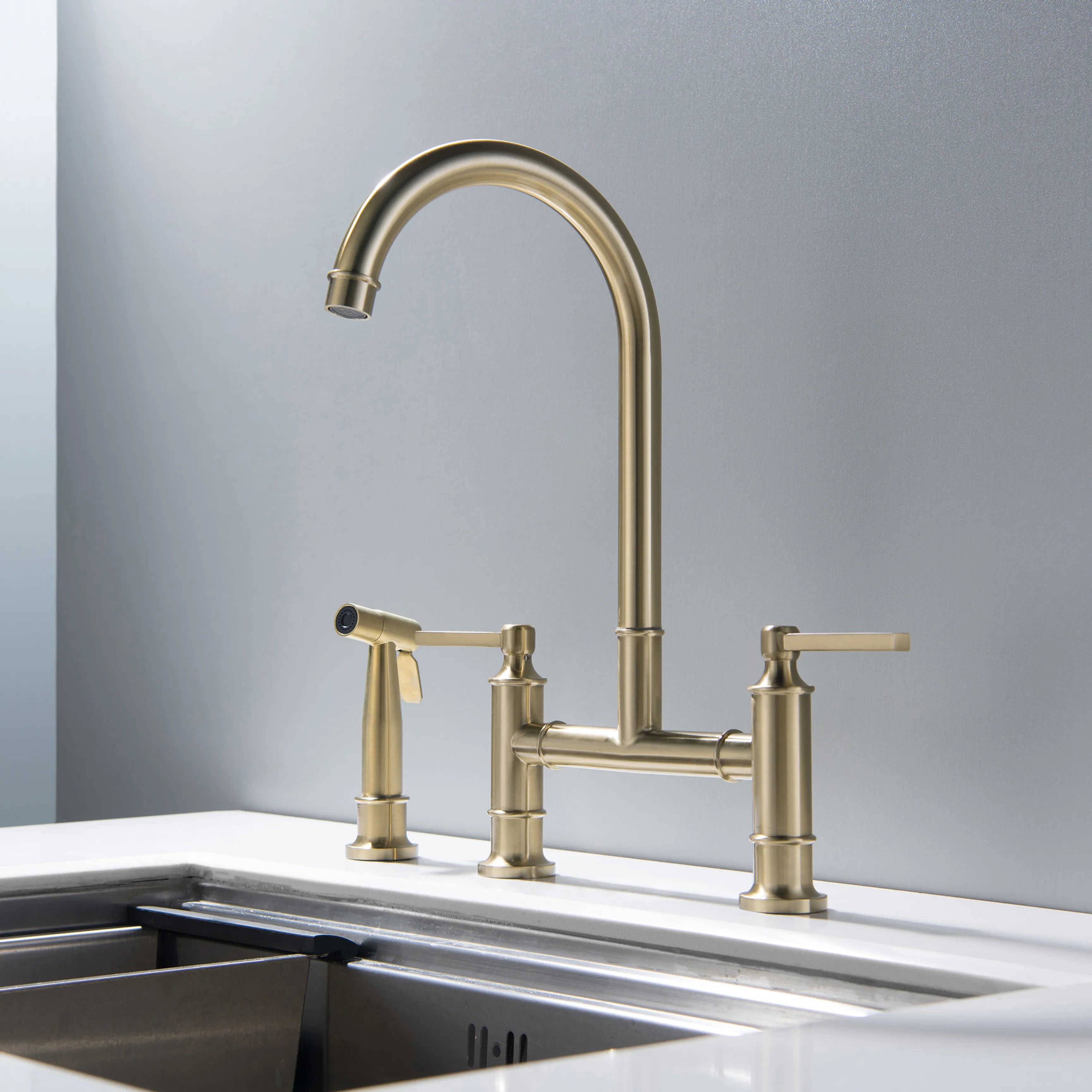 2-Handle Bridge Kitchen Faucet With Side Sprayer In Brushed Gold