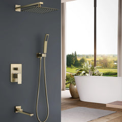 Brushed Gold Shower System With Pressure Balance Valve, Rain Shower Head,Handheld Shower Head ,Swivel Tub Spout