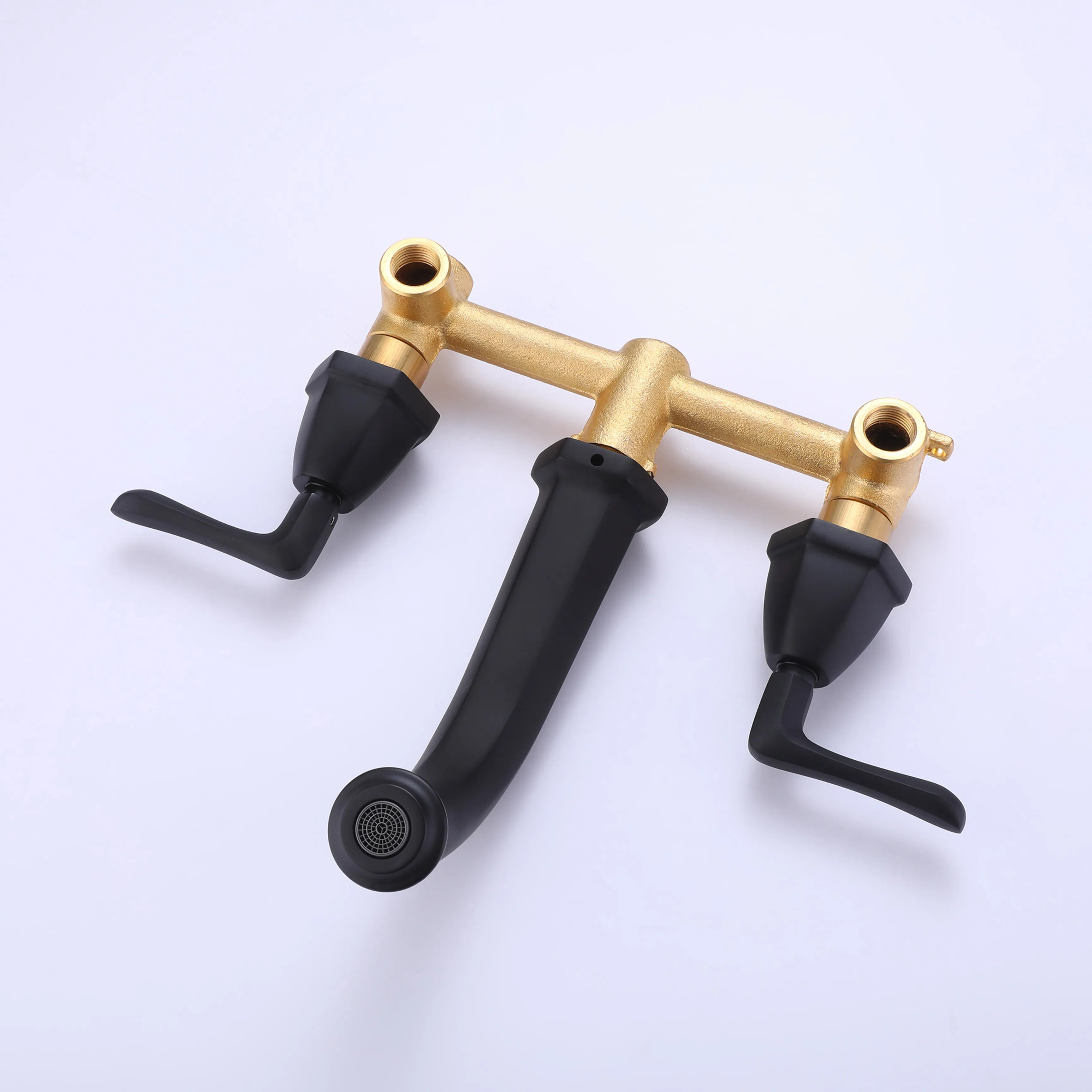 Wall Mounted 2-Handle Bathroom Faucet In Matte Black/Brushed Gold