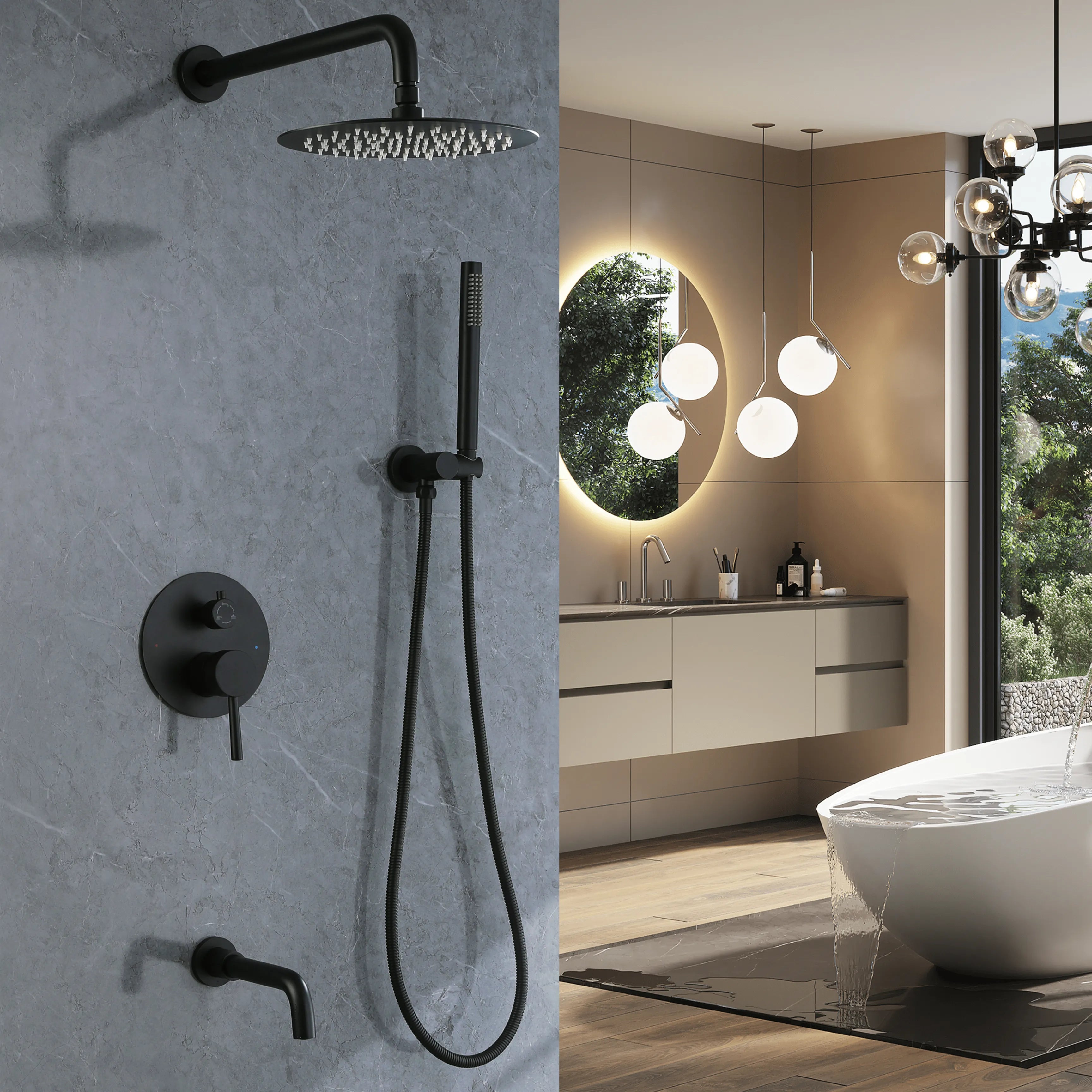 Rain Shower System With Handheld Shower And Swivel Tub Spout In Brushed Gold/Matte Black