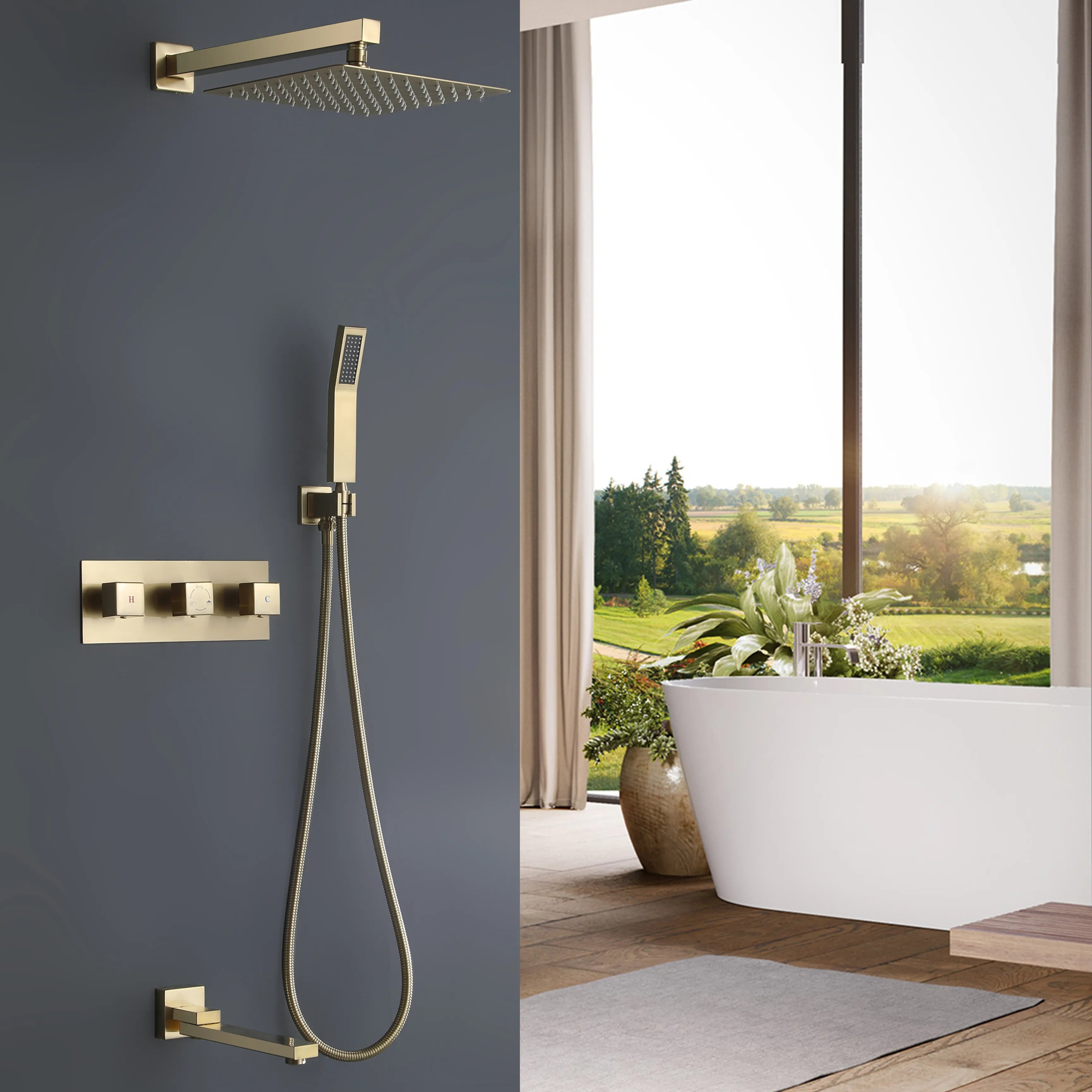 3-Function Brushed Gold Wall Mount Shower Set With Bathtub Tap