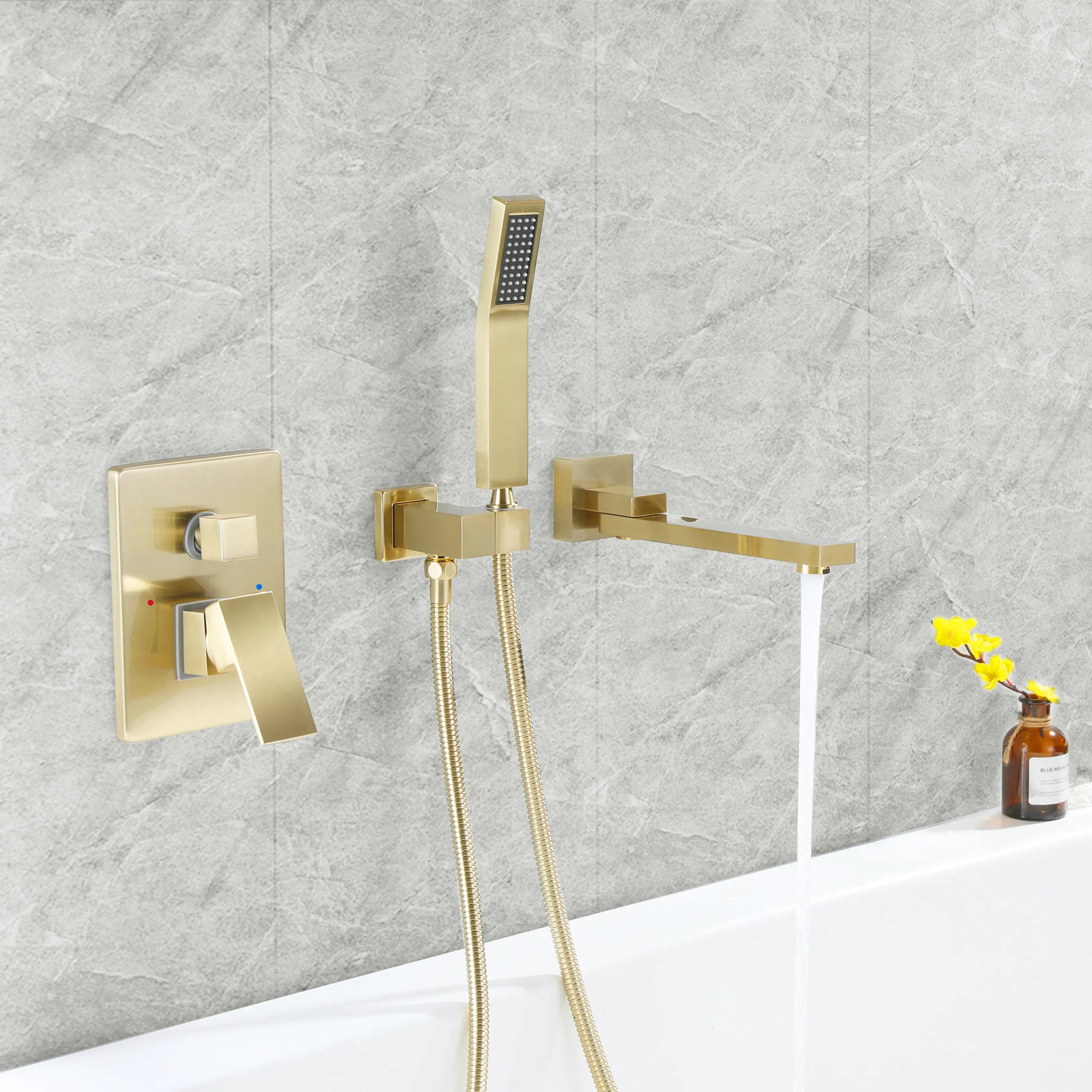 Matte Black Brushed Gold Wall Mounted Bathtub Faucet Tub Filler with Hand Shower And Tub Spout