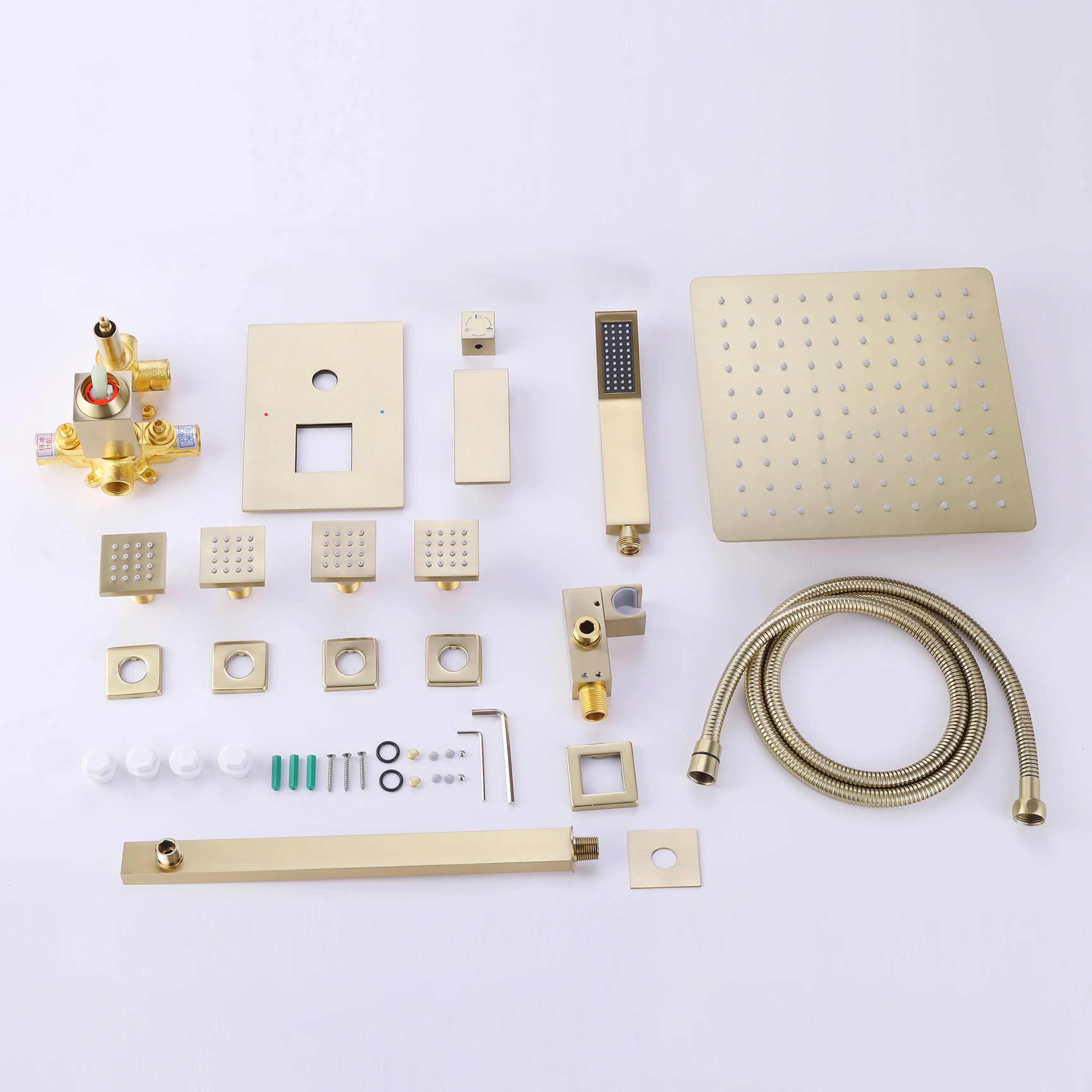 Brushed Gold Shower System With 4 Body Jets, Pressure Balance Shower Valve, 10" Rain Shower Head and Handheld Shower Head