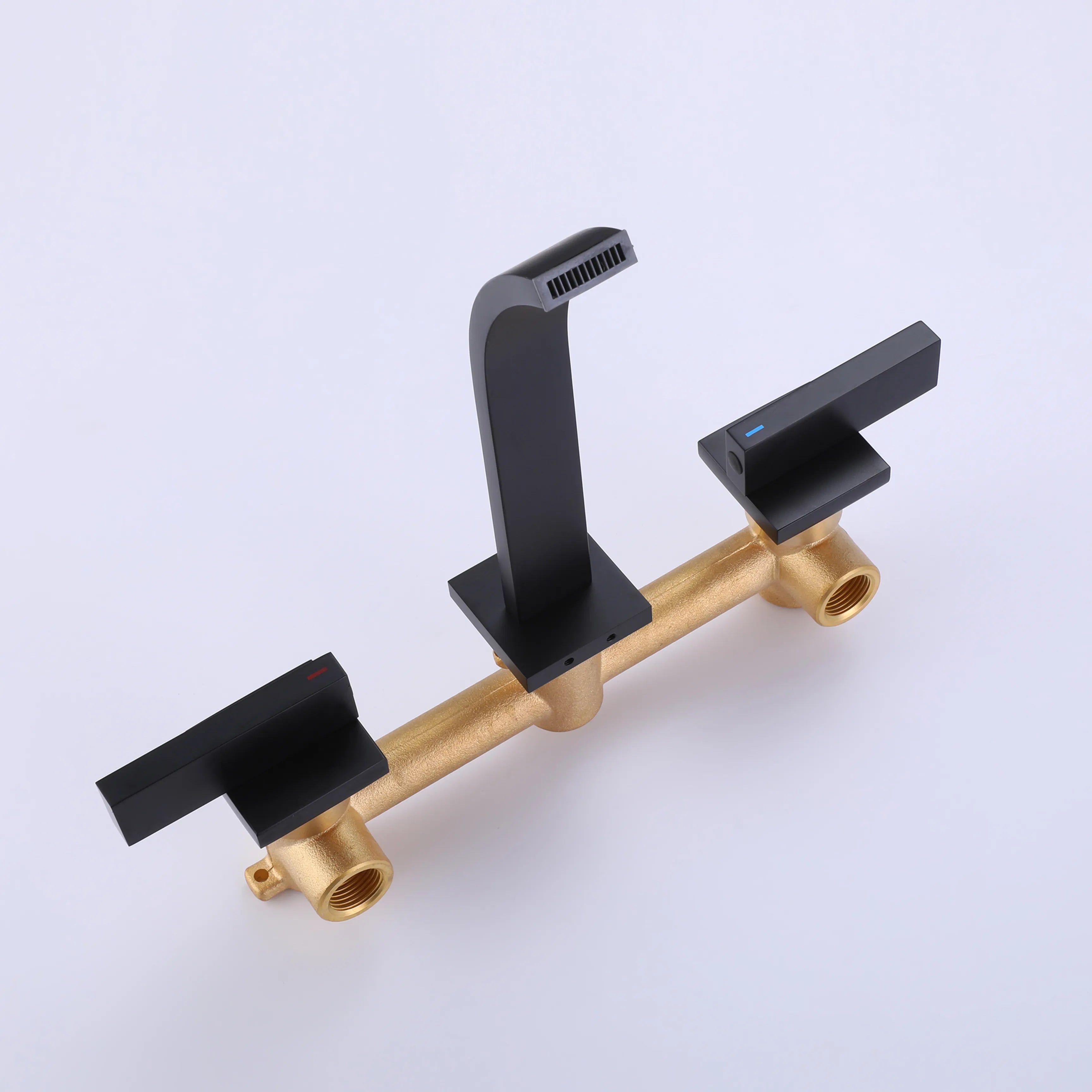 Two Handle 3-Hole Wall Mounted Bathroom Sink Faucet In Matte Black