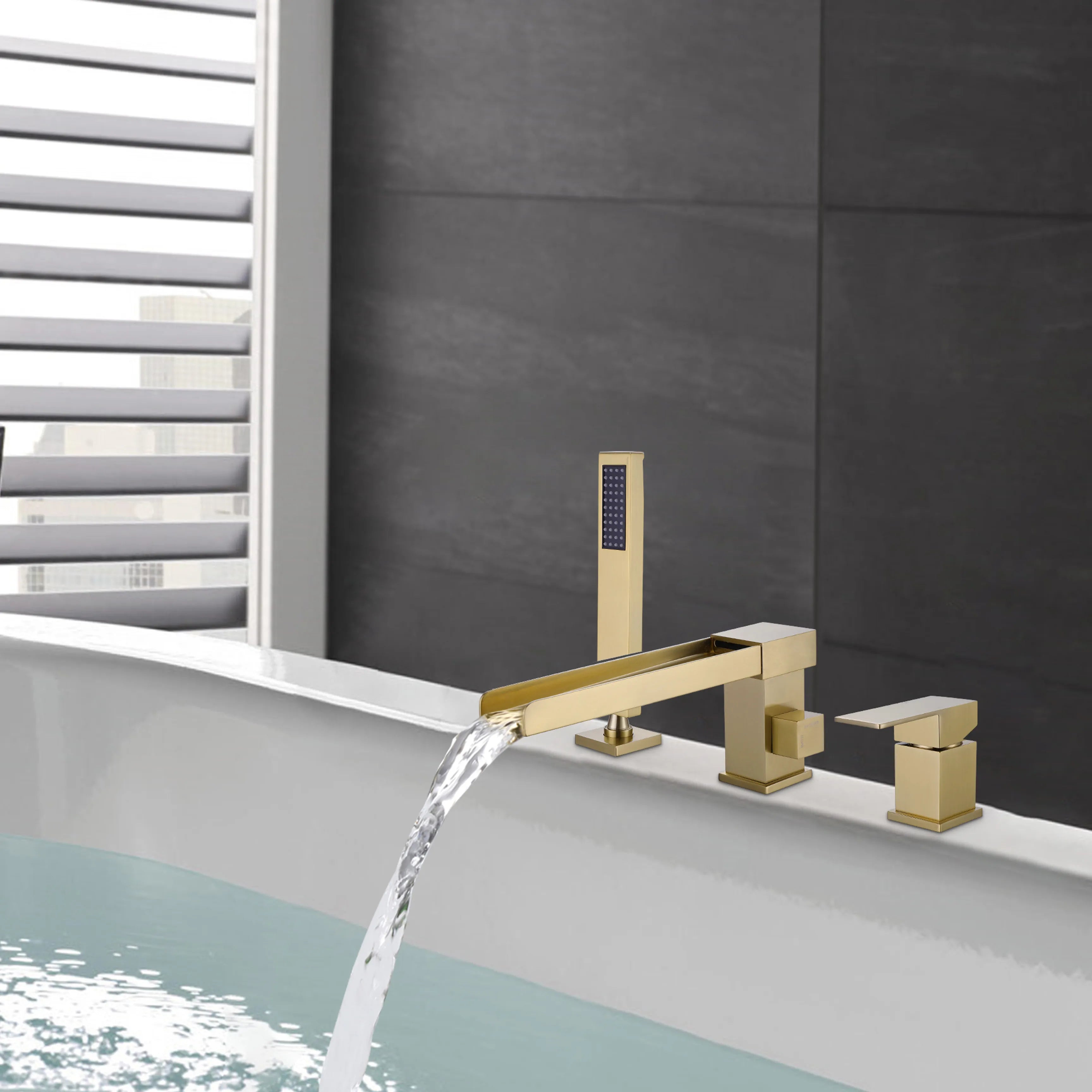 Brushed Gold Widespread Deck Mounted Bathtub Faucet With Hand Shower And Tub Spout