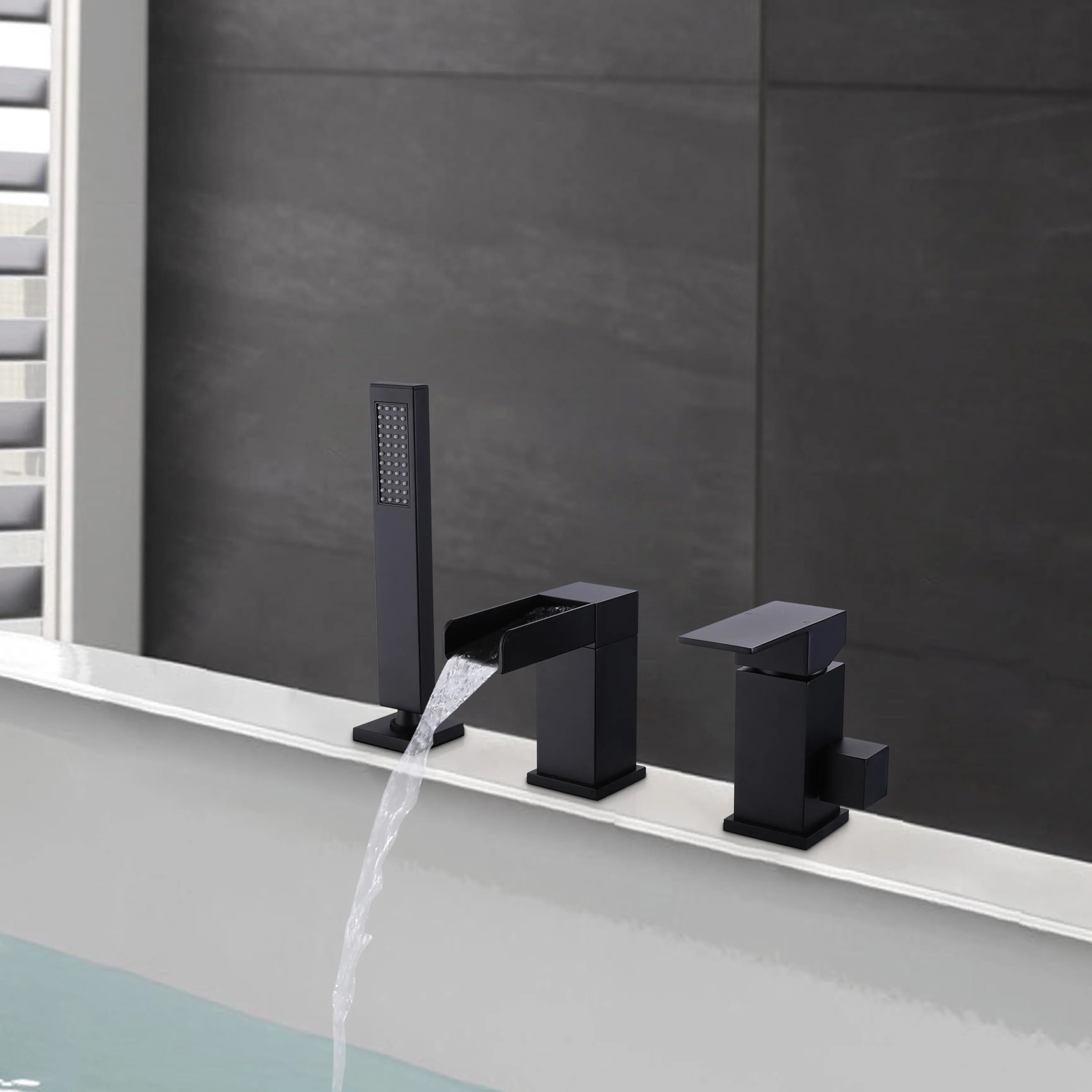 Deck Mounted Matte Black Bathtub Faucet With Waterfall Tub Filler And Hand Shower