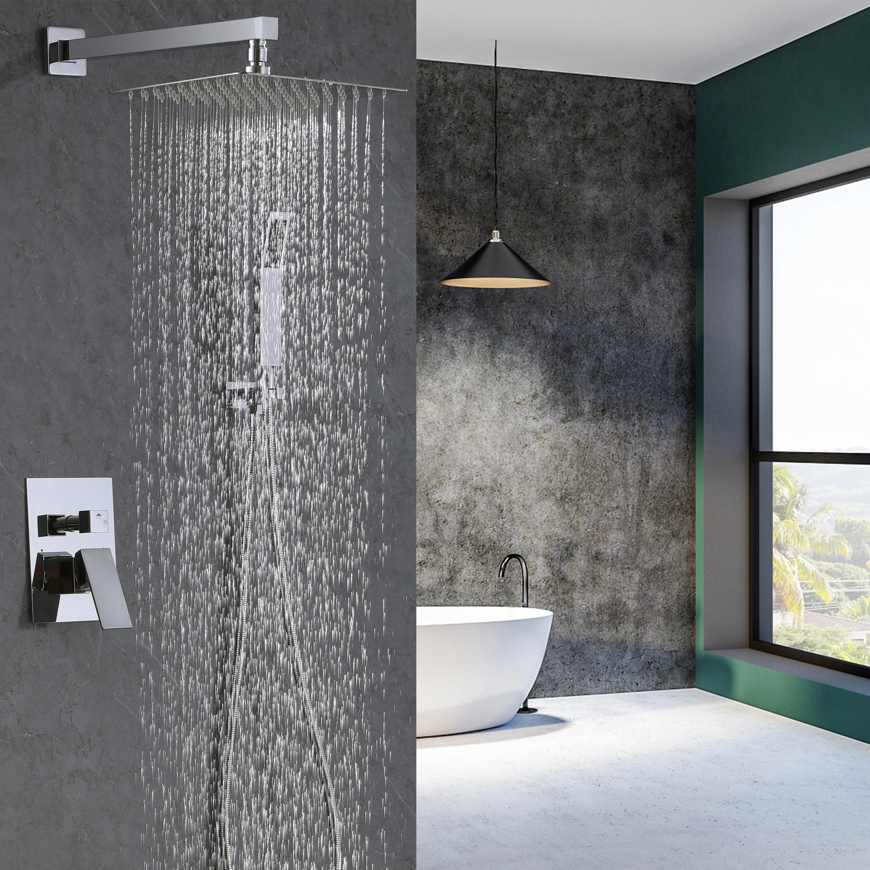 Polished Chrome Pressure Balanced Shower System With 10" Rain Shower Head And Handheld Shower Head