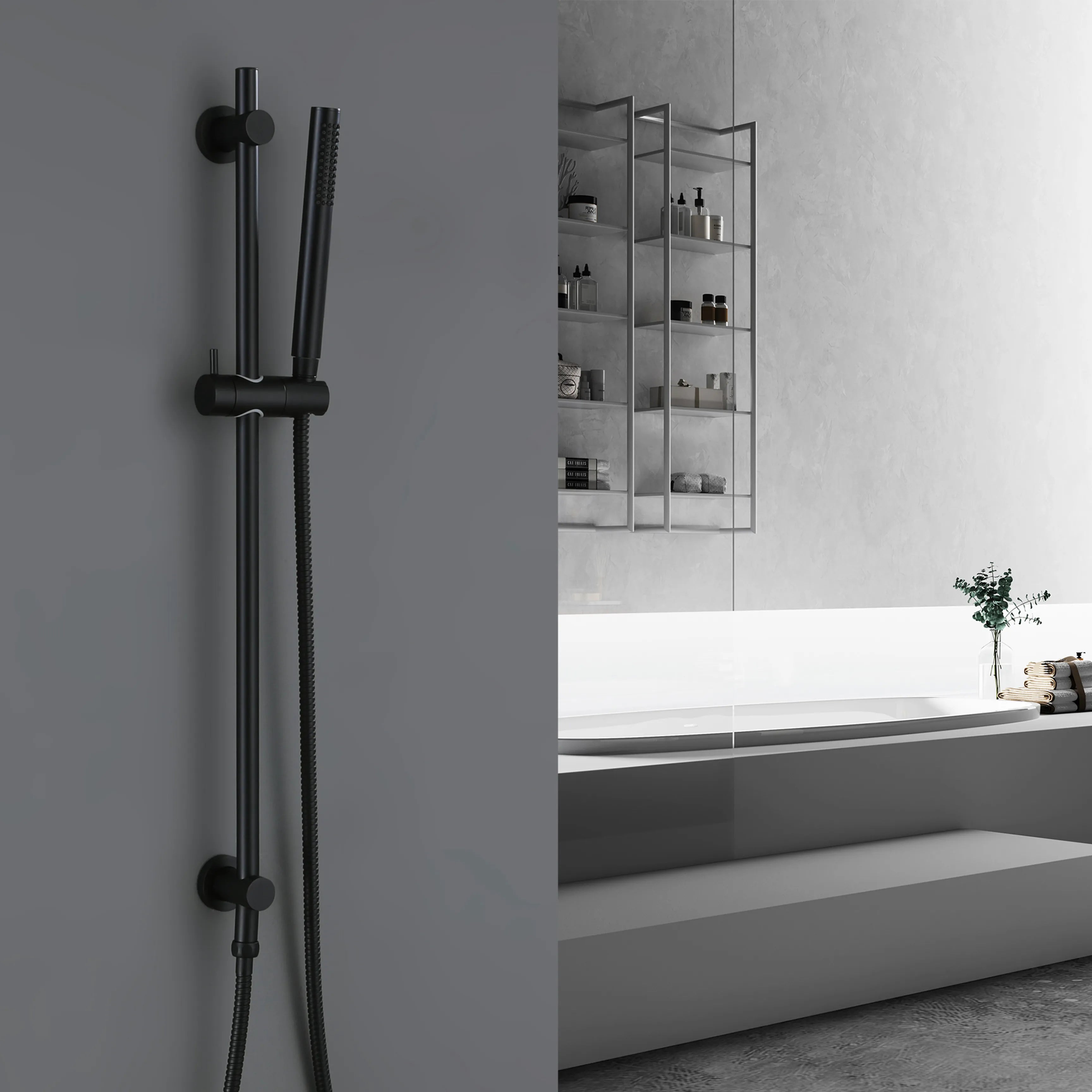 Wall Mount Matte Black Shower Faucet, Handheld Shower Head With Slide Bar Valve Not Included