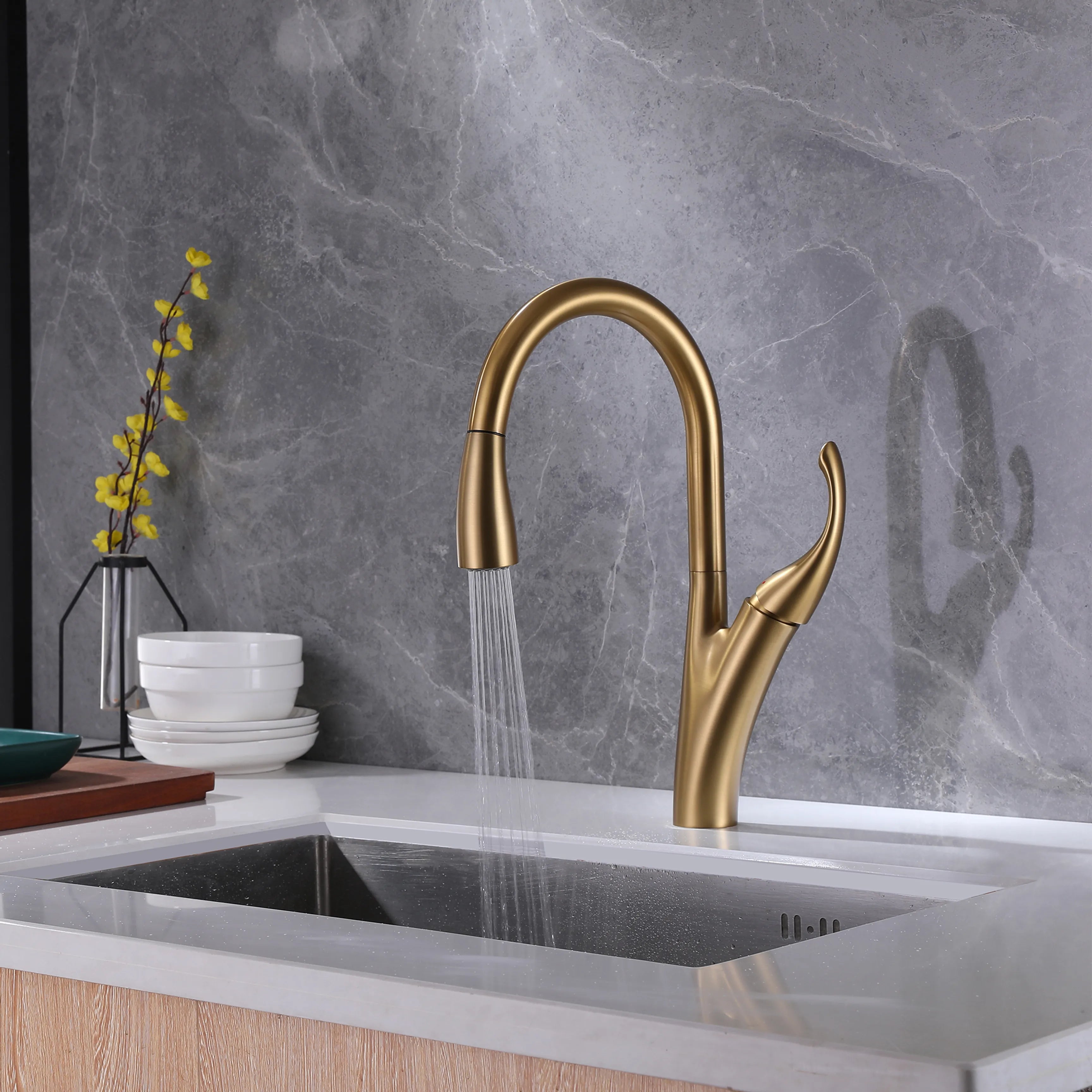 Single Hole Pull Down Kitchen Sink Faucet In Brushed Gold