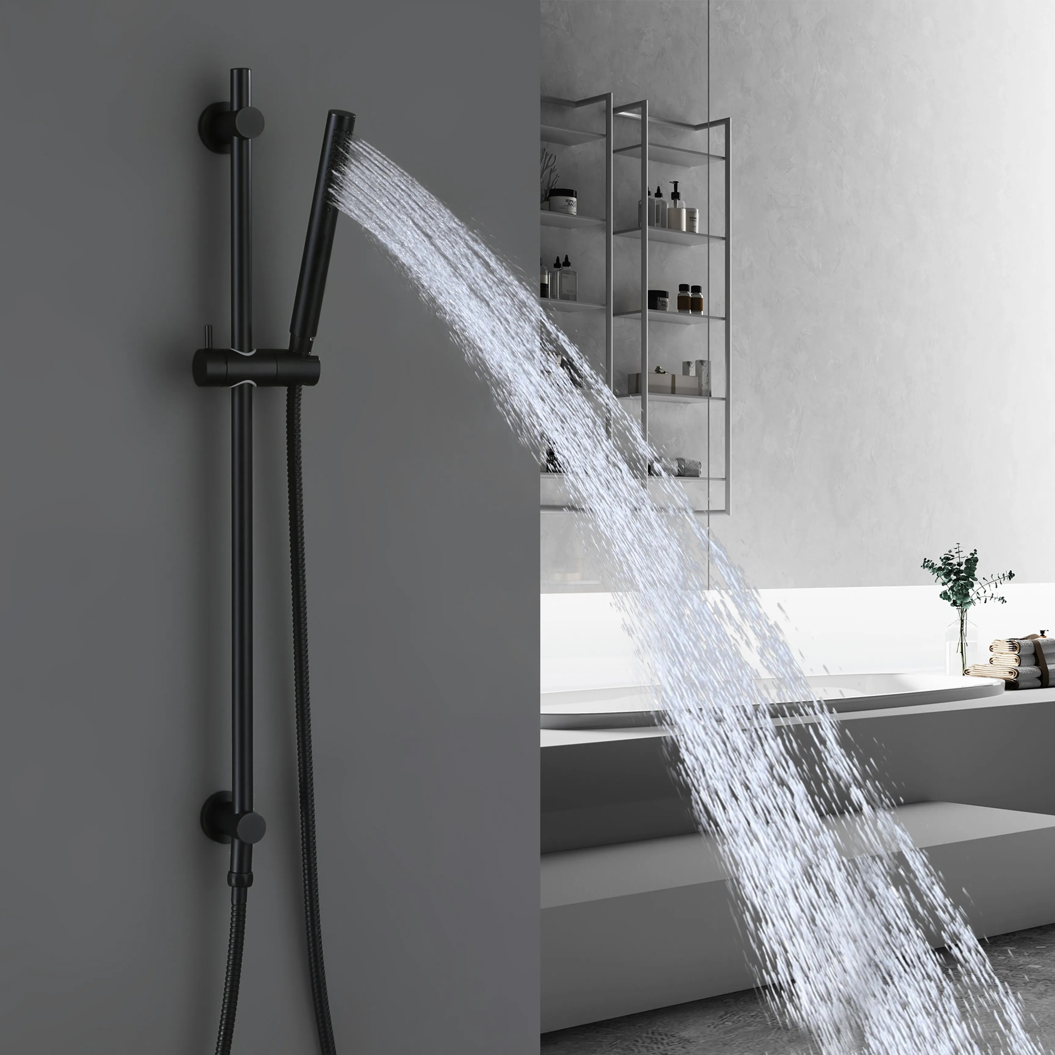 Wall Mount Matte Black Shower Faucet, Handheld Shower Head With Slide Bar Valve Not Included