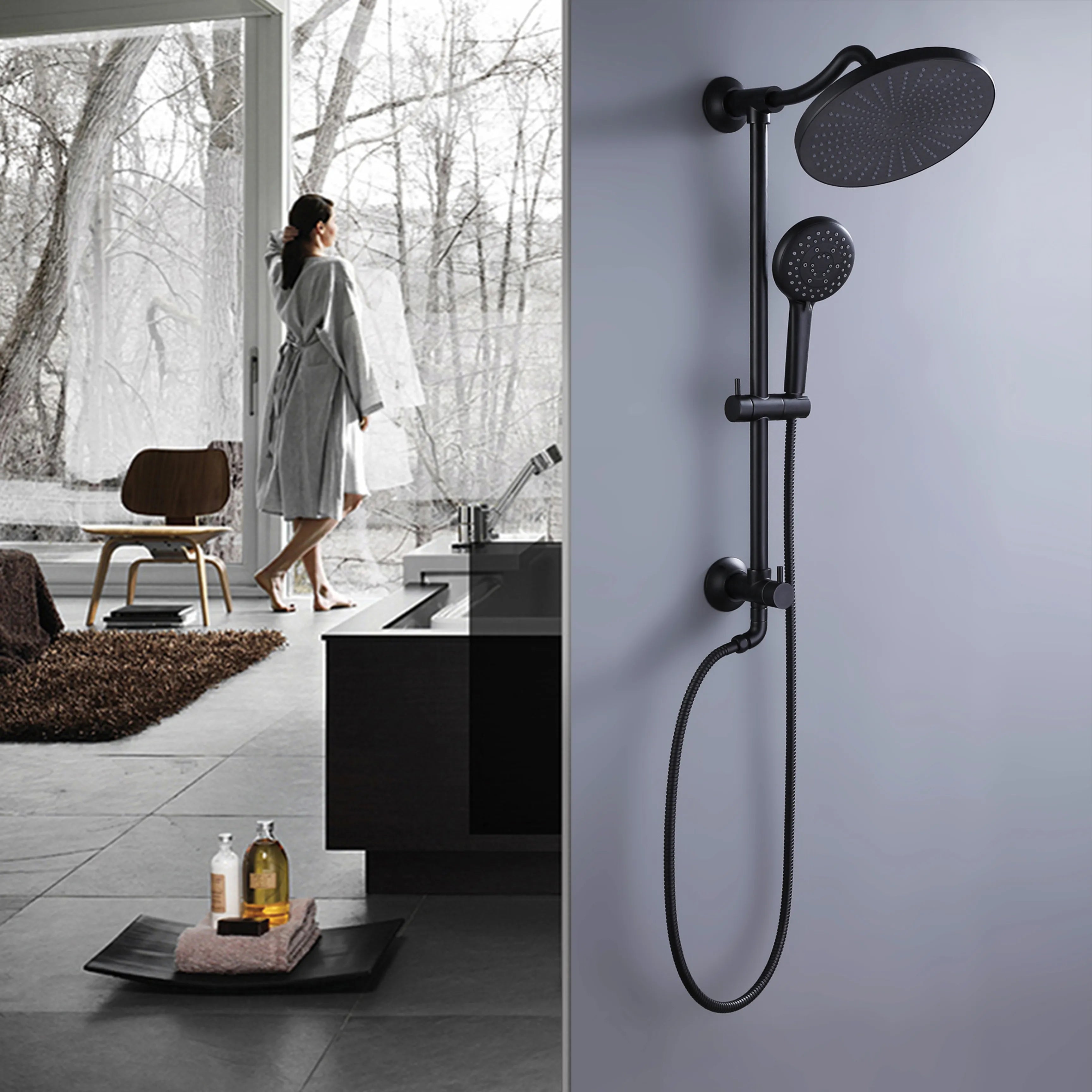 10" Rainfall Shower Head  5-Function Handheld Shower With Slide Bar in Matte Black  (Main Body Not Included)