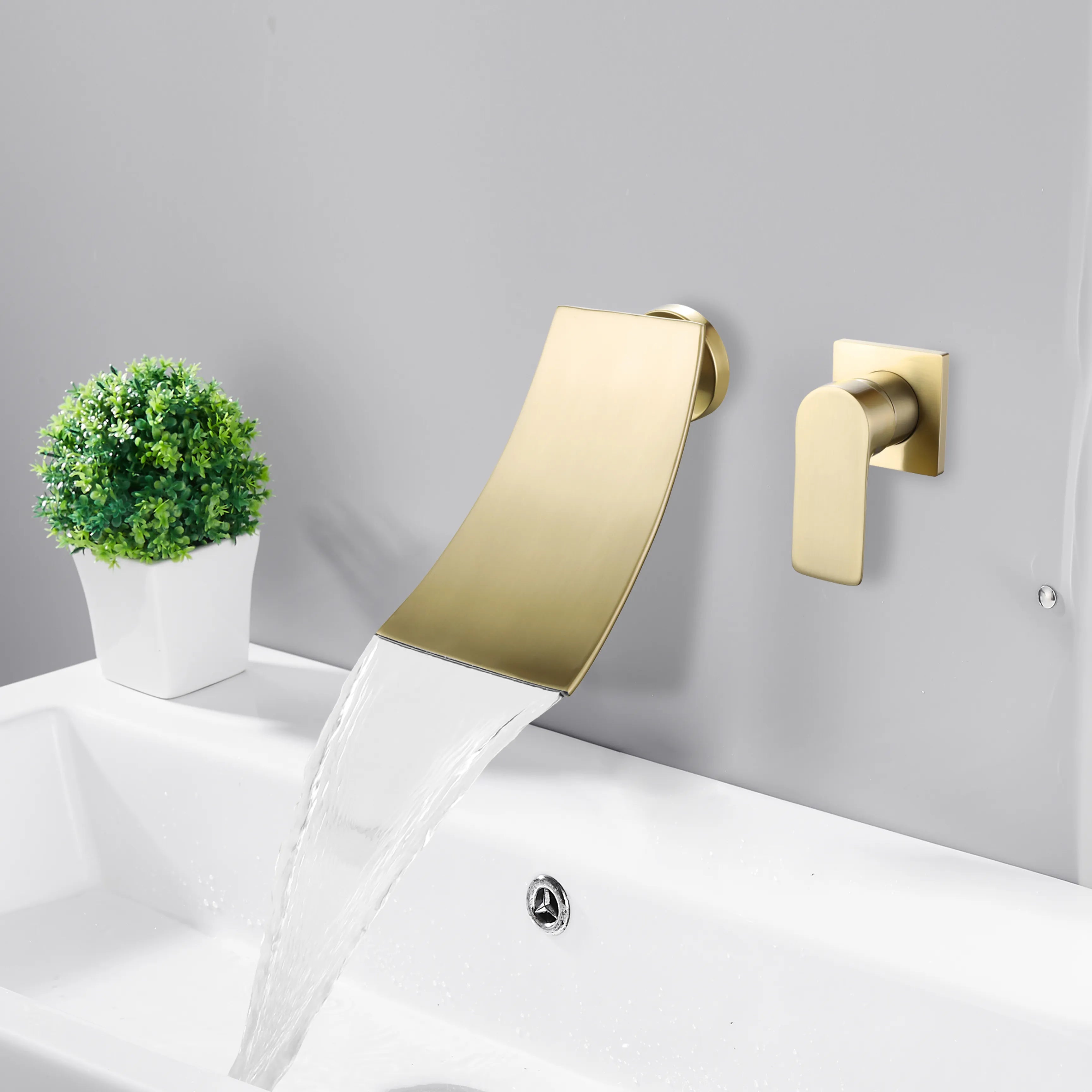 Wall Mounted Single Handle Waterfall Bathroom Faucet In Matte Black Brushed Gold