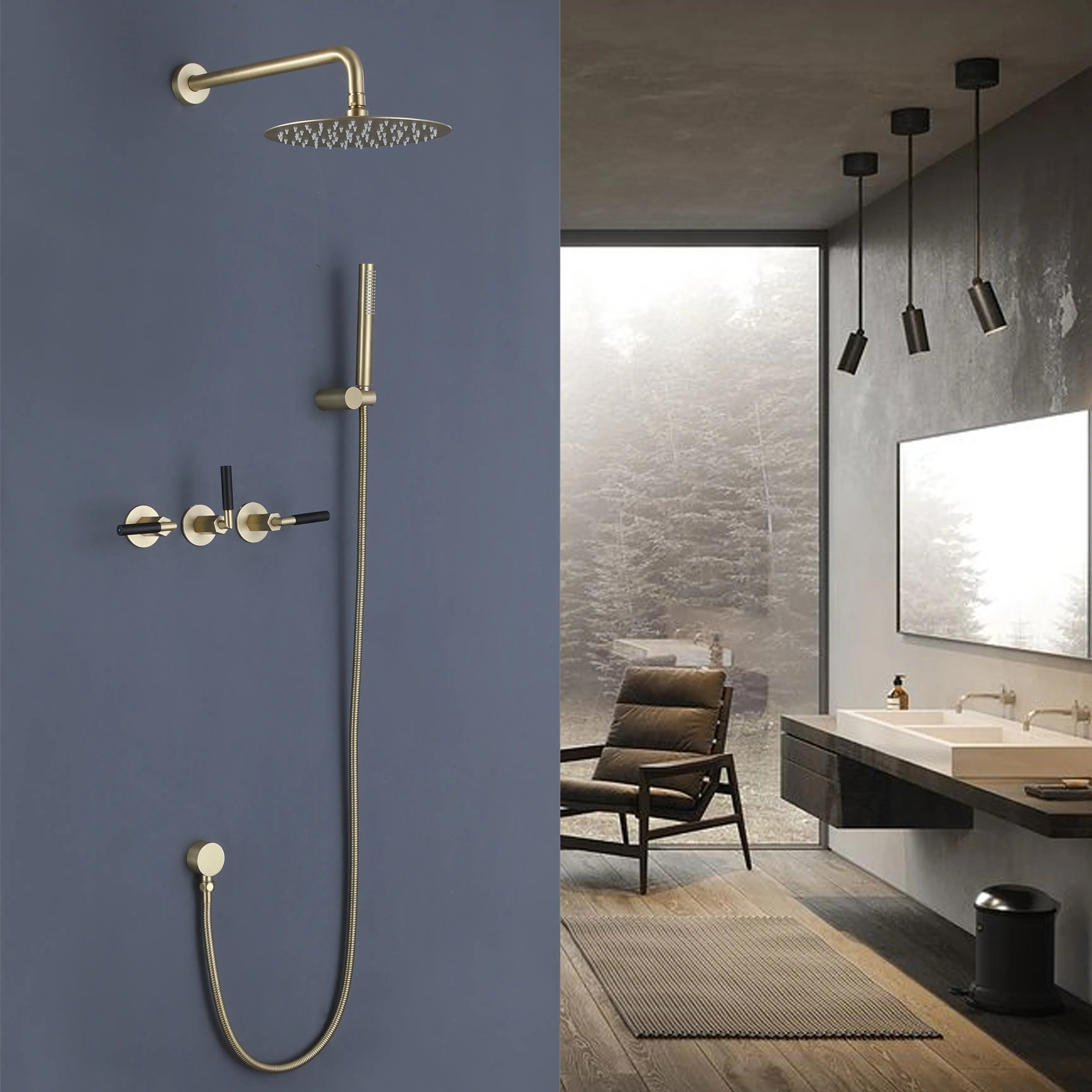 Three Handle 2-Function Matte Black Brushedn Gold Bathroom Shower Set With Ceramic Valve