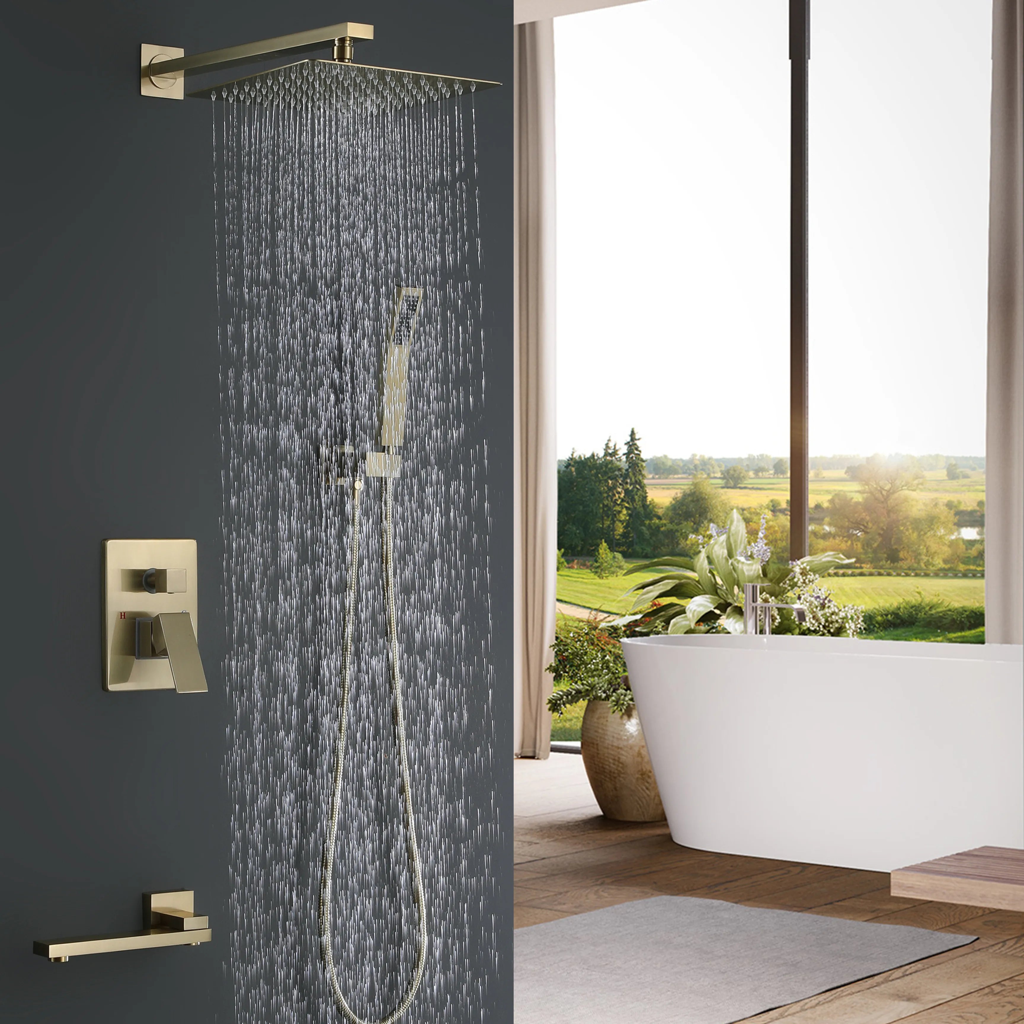 Brushed Gold Shower System With Pressure Balance Valve, Rain Shower Head,Handheld Shower Head ,Swivel Tub Spout