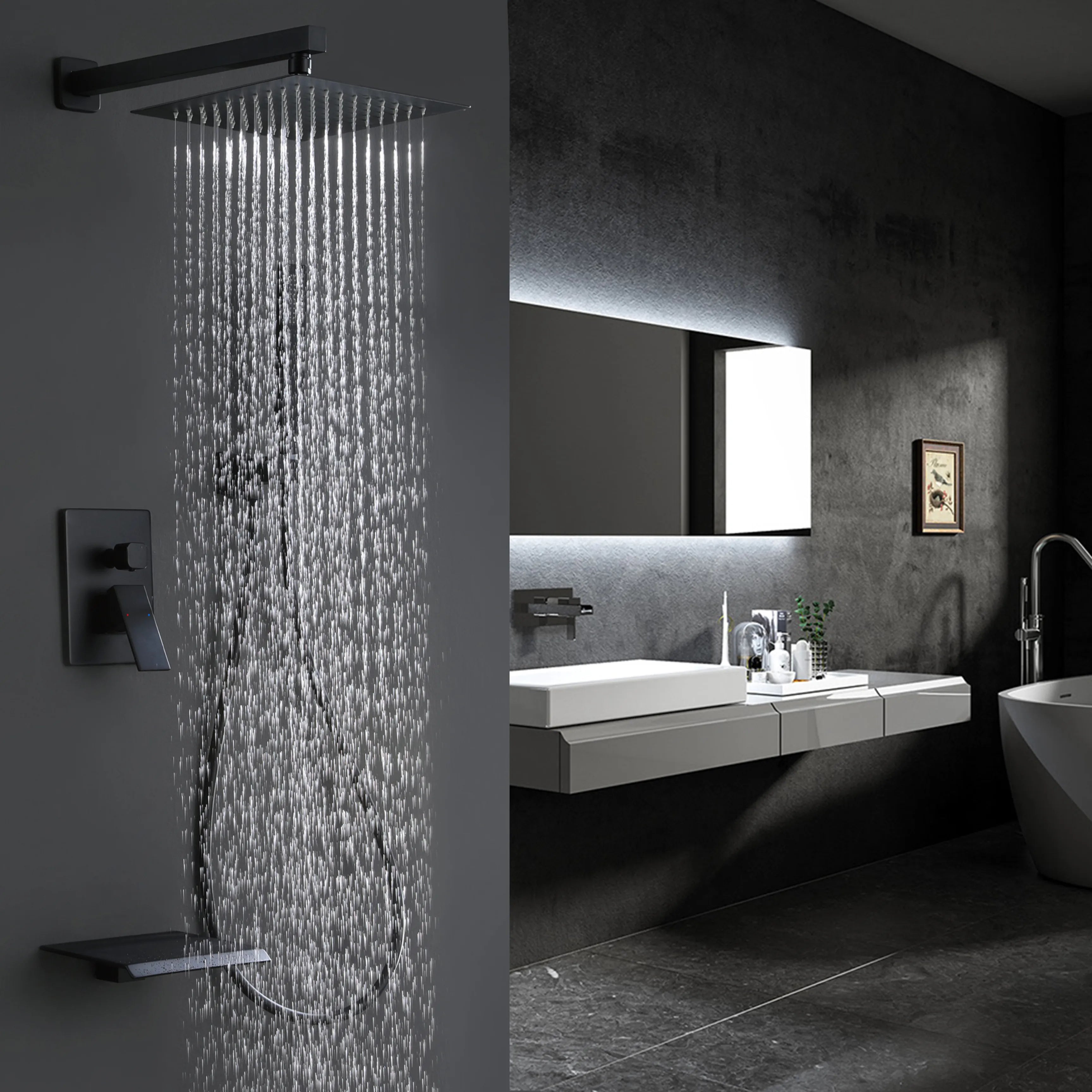 Matte Black Shower System With Handheld Shower Head And Waterfall Tub Spout