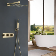 Brushed Gold Shower System With Handheld Shower Head And Rainfall Shower Head