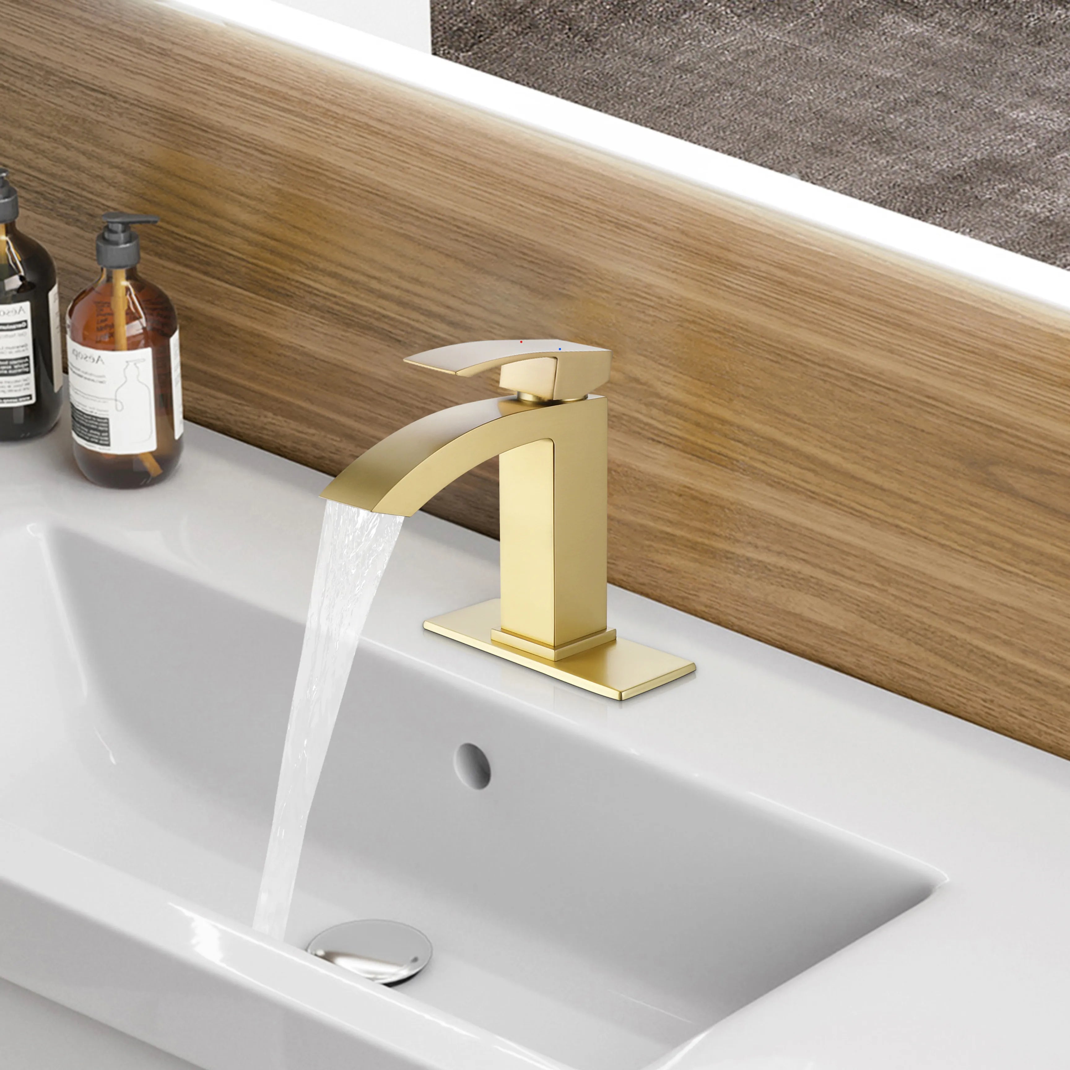 Brushed Gold Waterfall Single Handle Bathroom Sink Faucet With Deck Plate