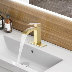 Brushed Gold Waterfall Single Handle Bathroom Sink Faucet With Deck Plate