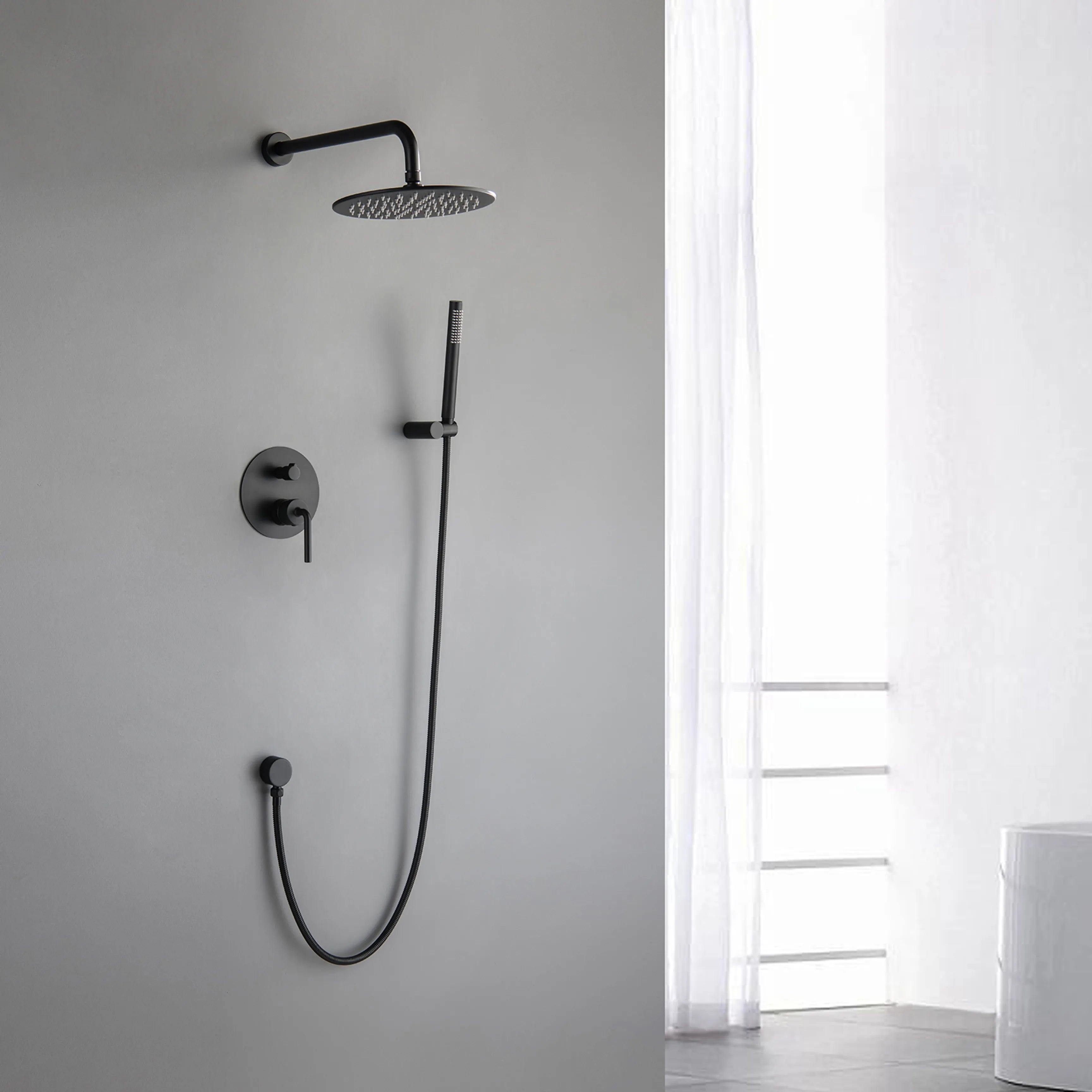 Matte Black Round 2-Functions Wall Mounted Rainfall Shower System