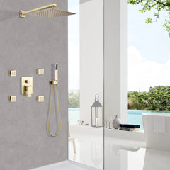 Brushed Gold Shower System With 4 Body Jets, Pressure Balance Shower Valve, 10" Rain Shower Head and Handheld Shower Head