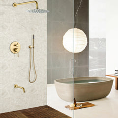 Rain Shower System With Handheld Shower And Swivel Tub Spout In Brushed Gold/Matte Black