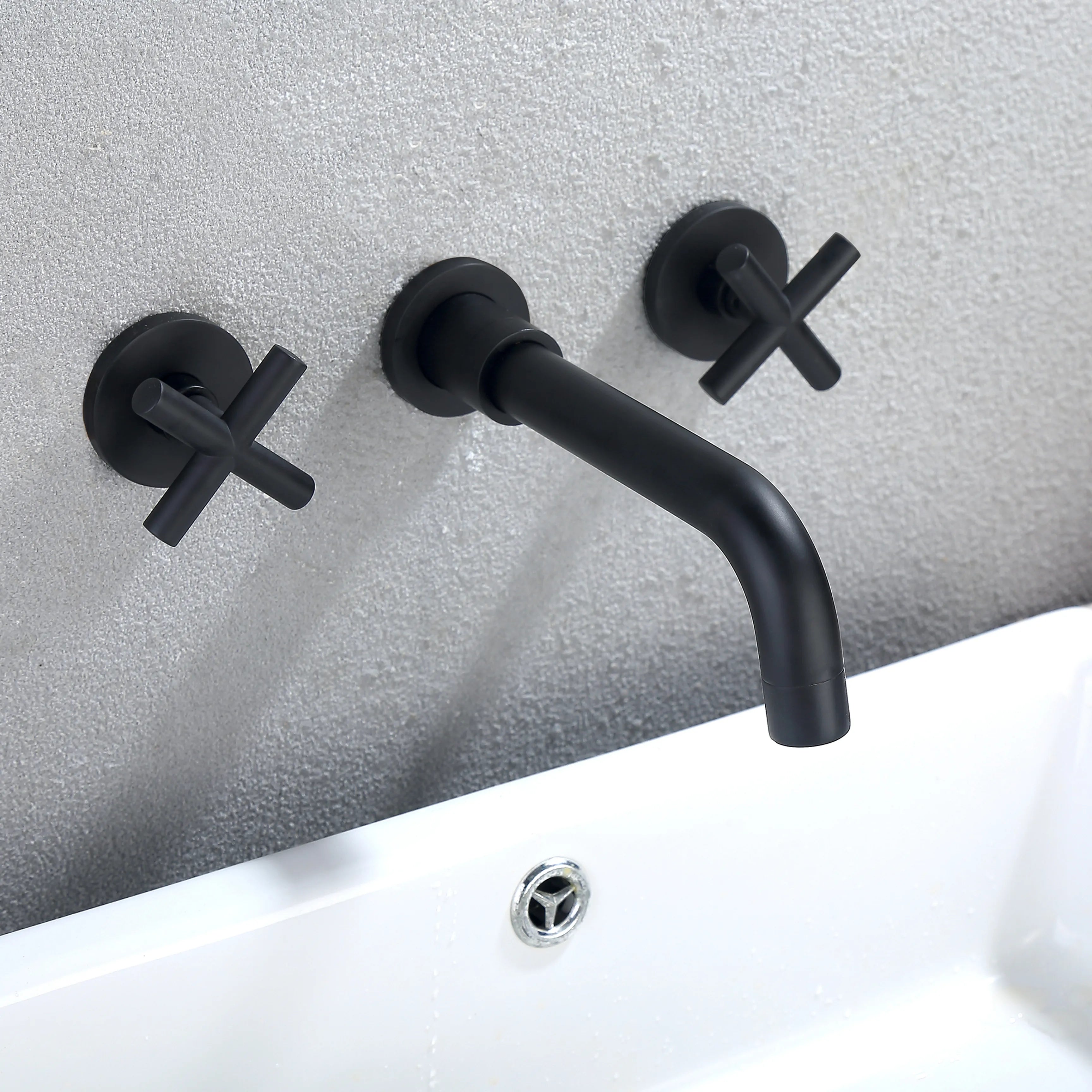 Cross-Shaped 2-Hand Wall Mount Bathroom Faucet In Matte Black/Brushed Gold