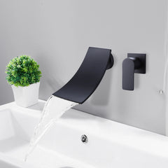 Wall Mounted Single Handle Waterfall Bathroom Faucet In Matte Black Brushed Gold