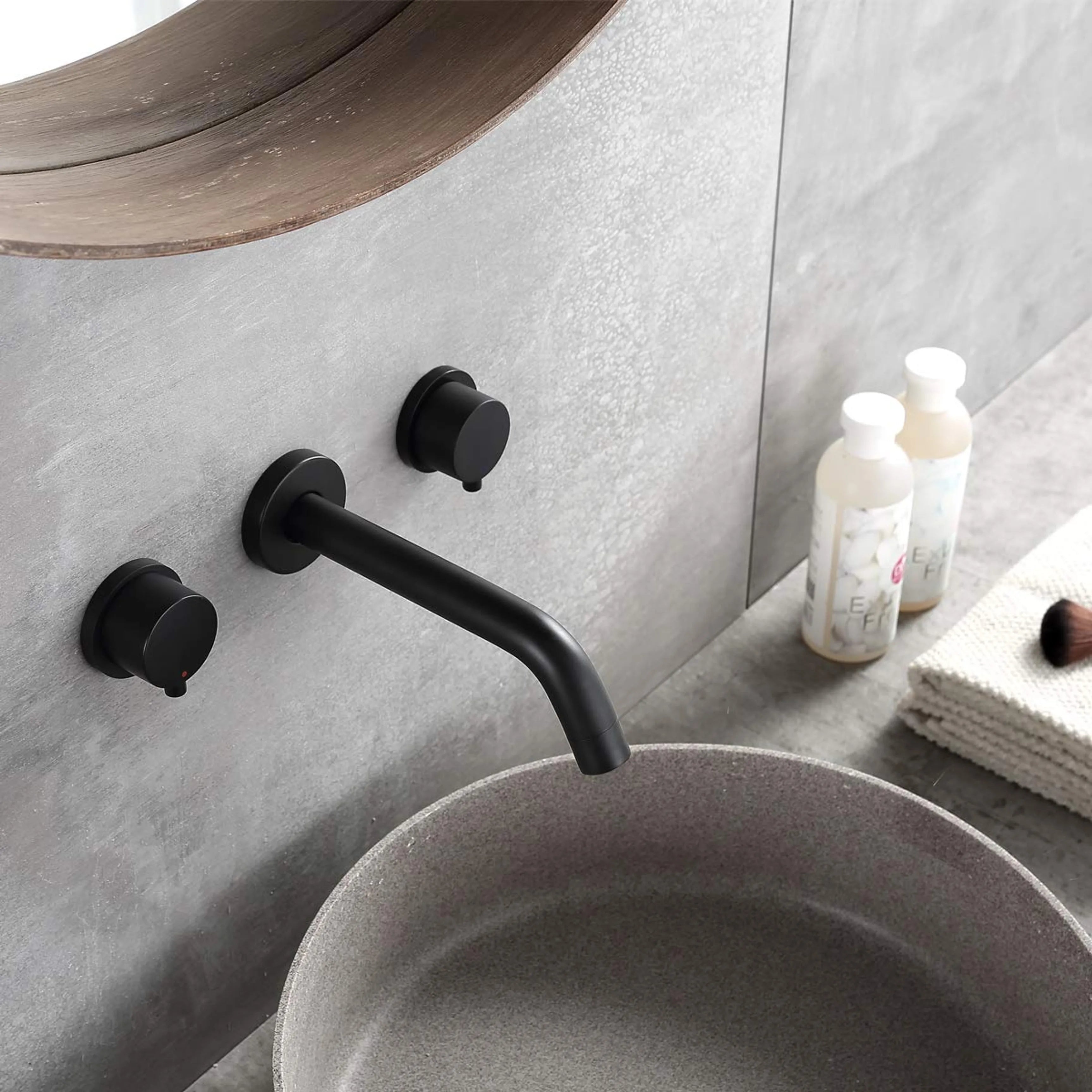 Round 2-Hand Wall Mount Bathroom Faucet In Matte Black