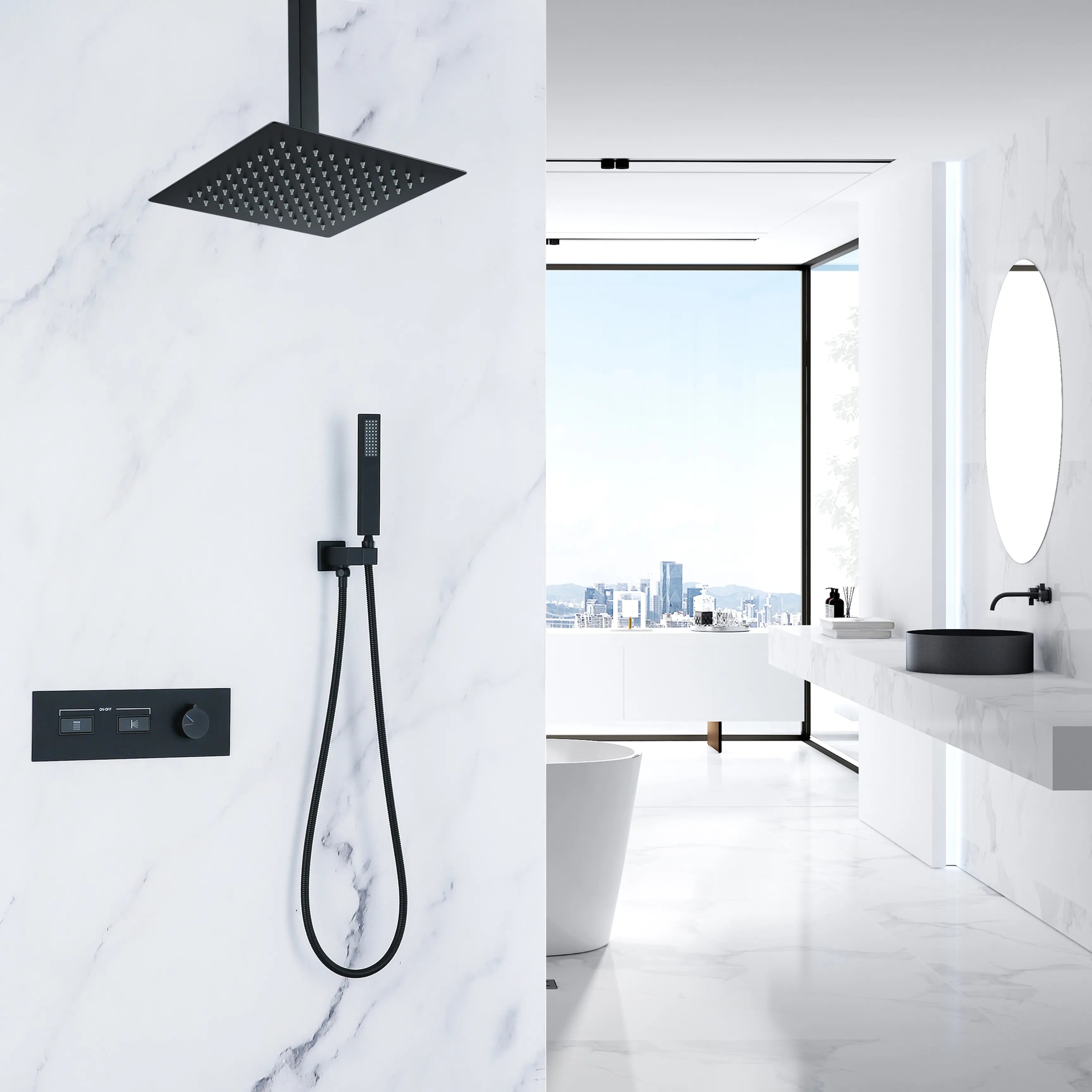 Matte Black Thermostatic Shower System With Rain Shower Head And Handheld Shower Head