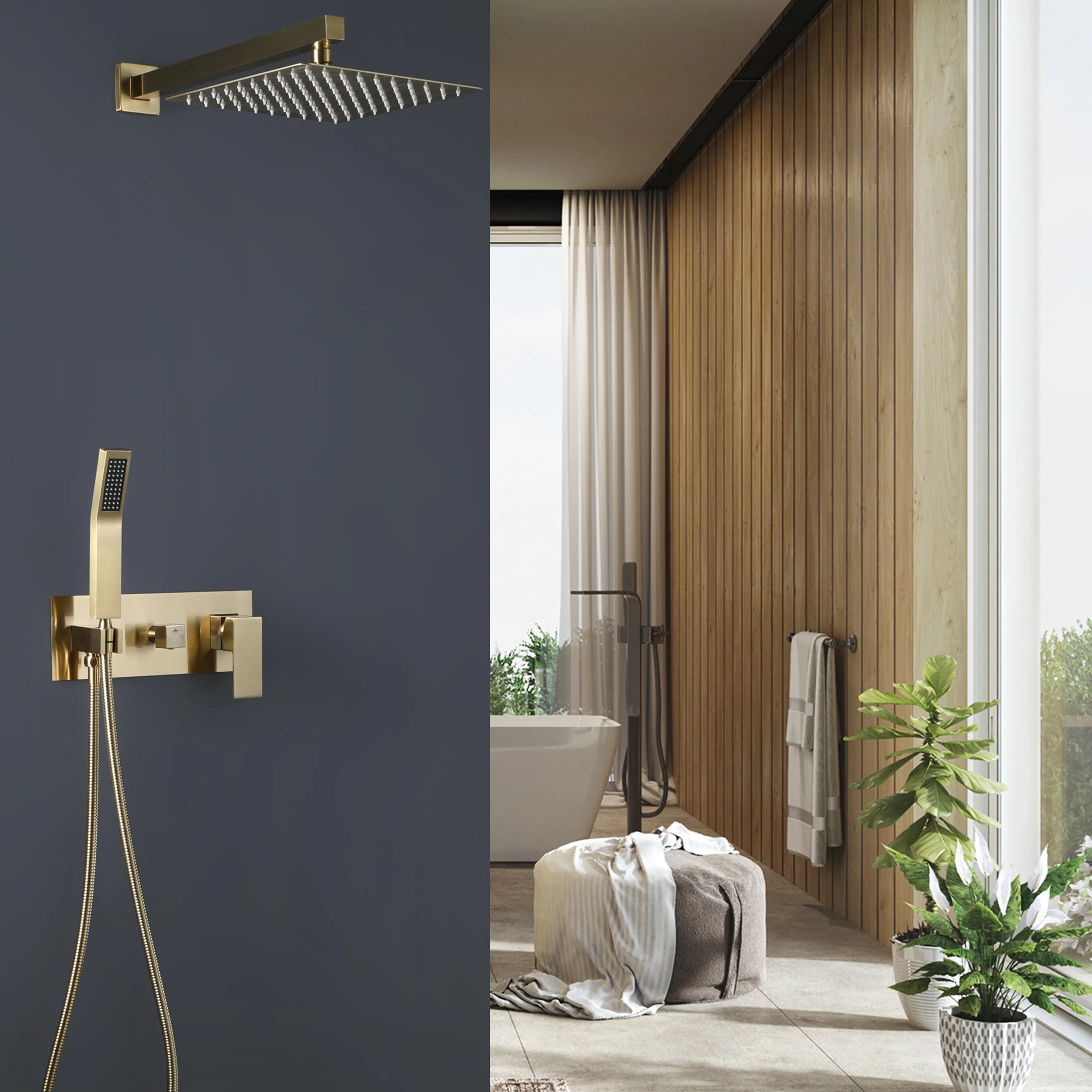 Luxury Brushed Gold Rain Shower System With Pressure Balance Valve, 10" Rain Shower Head And Handheld Shower Head