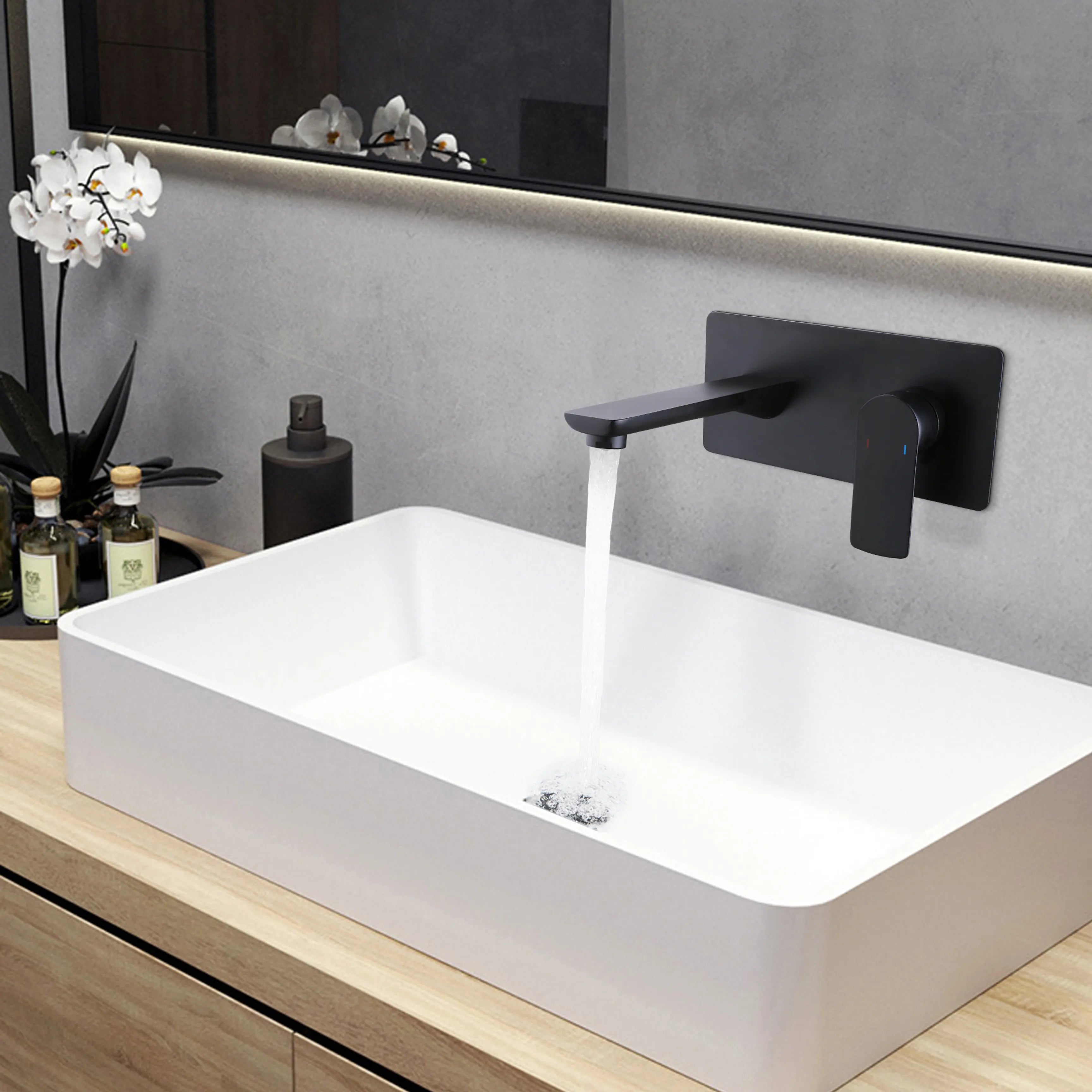 Matte Black Wall Mounted Single Handle Bathroom Sink Faucet With Plate