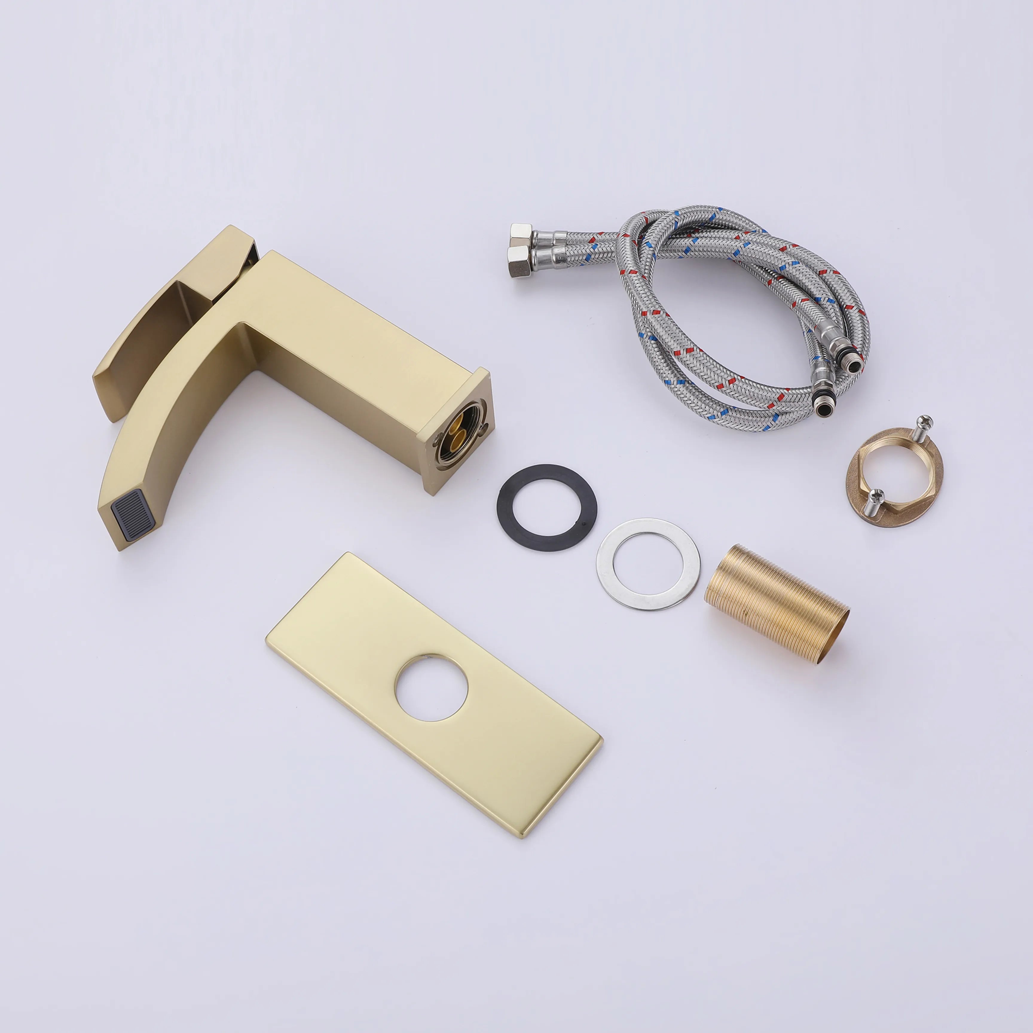 Brushed Gold Waterfall Single Handle Bathroom Sink Faucet With Deck Plate