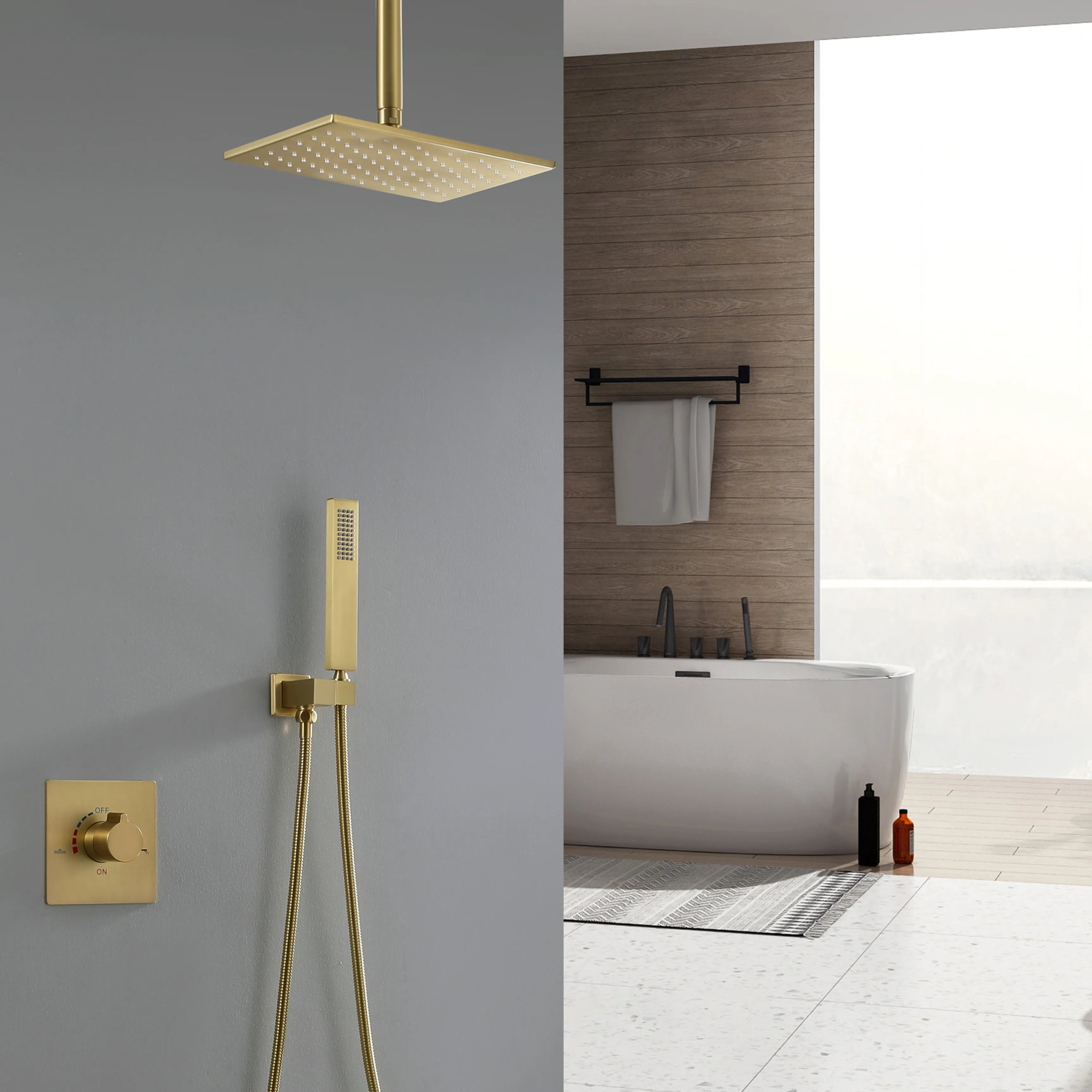 2-Function Matte Black Brushed Gold Ceiling Mount Shower System With Embedded Box