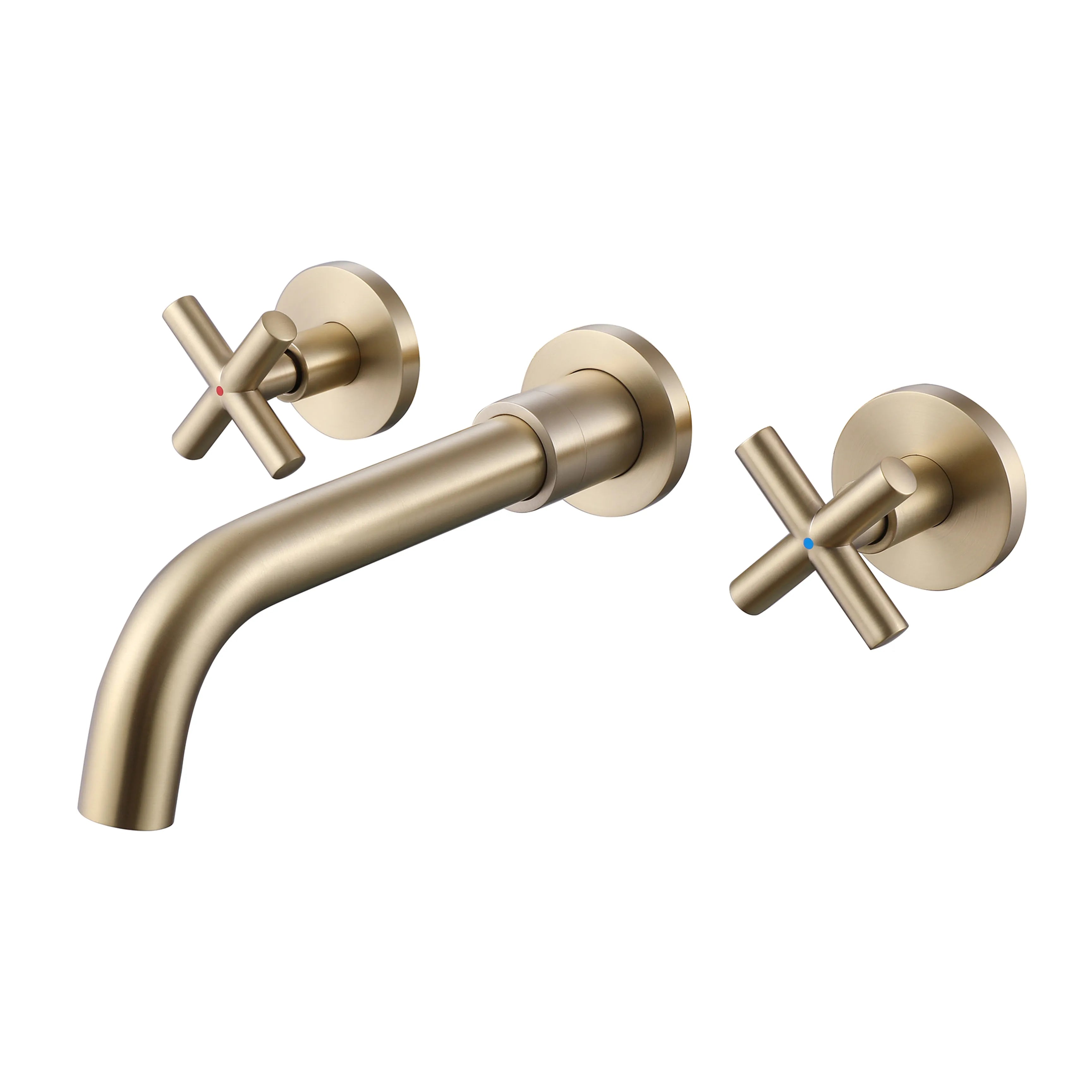 Cross-Shaped 2-Hand Wall Mount Bathroom Faucet In Matte Black/Brushed Gold