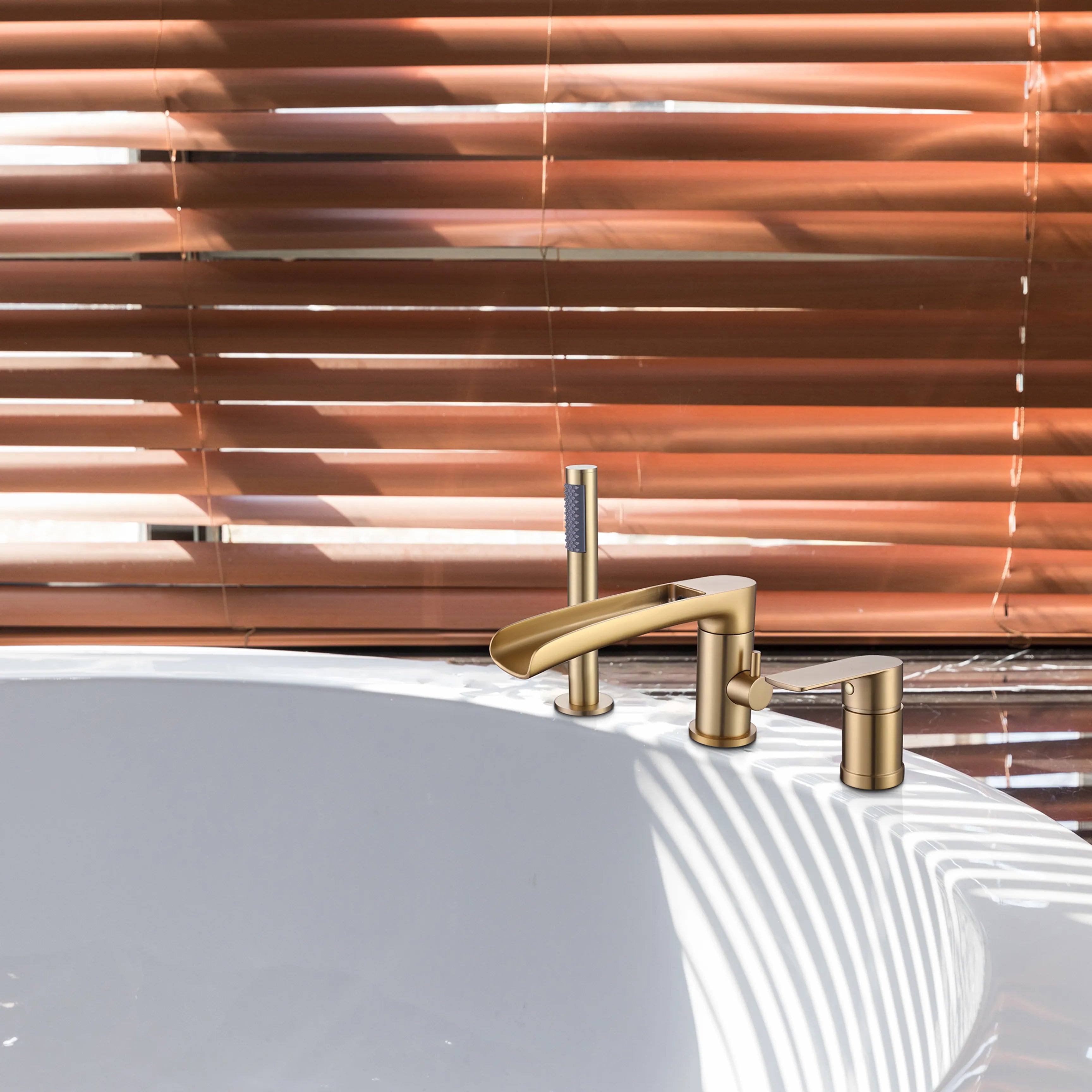 Deck Mounted Brushed Gold Bathtub Faucet With Waterfall Tub Filler And Hand Shower