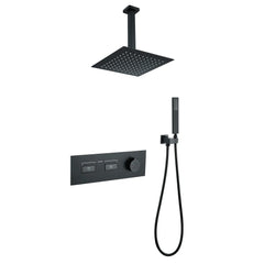 Matte Black Thermostatic Shower System With Rain Shower Head And Handheld Shower Head