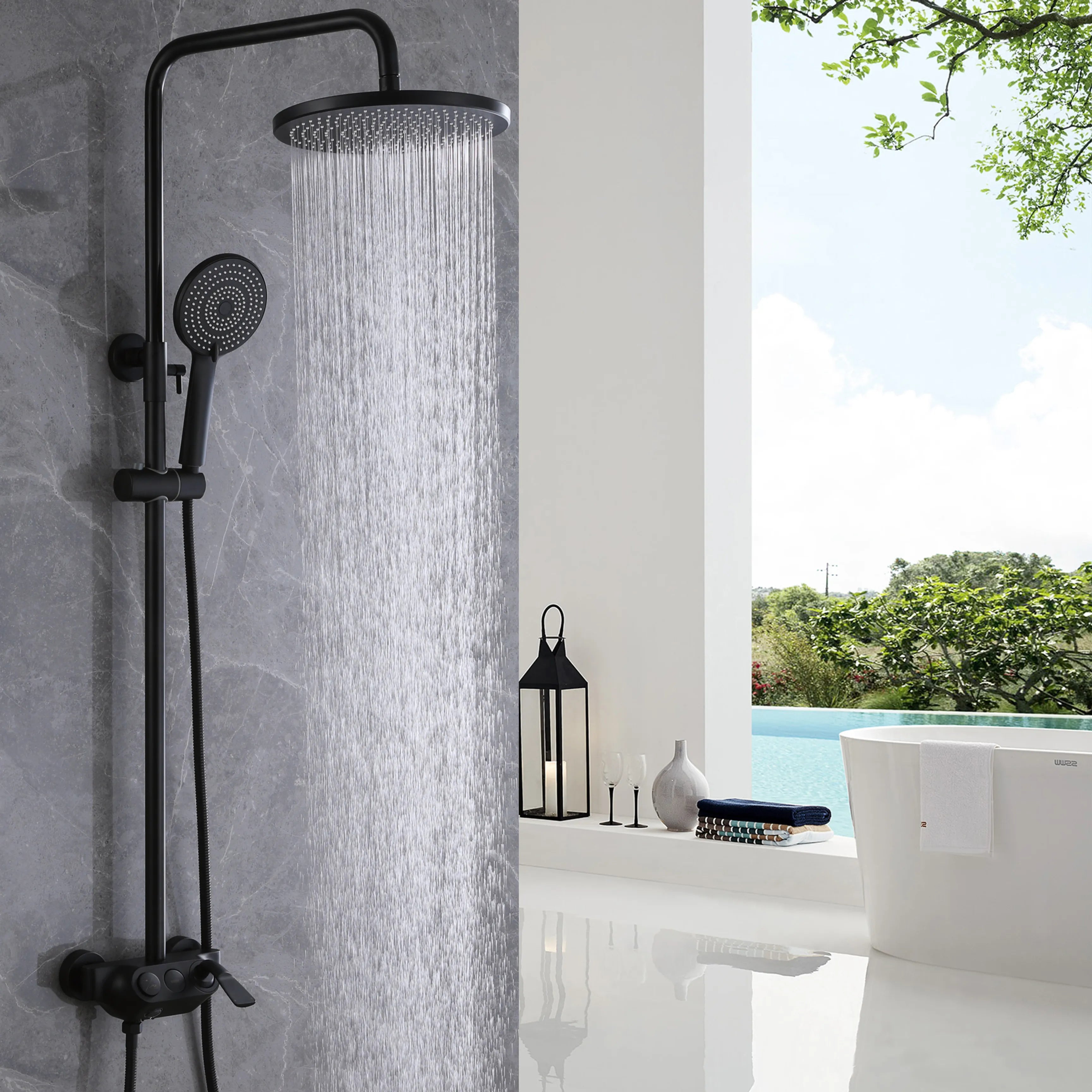 Luxury 3-Function Shower System With Rain Shower Head, Handheld Shower Head With Slide Bar,Tub Faucet