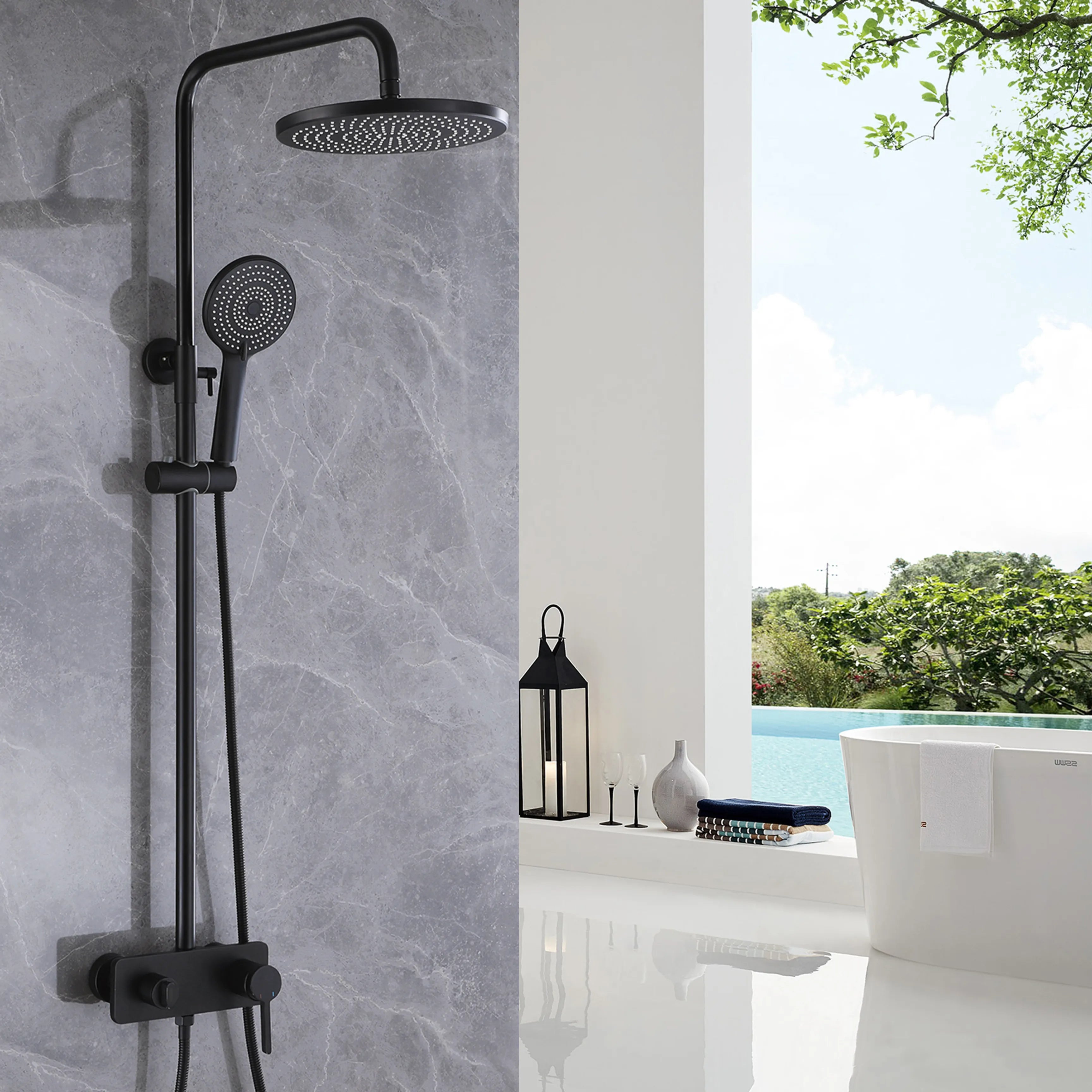 Luxury Matte Black Shower System With Rain Shower Head,3-Setting Handheld Shower Head With Slide Bar