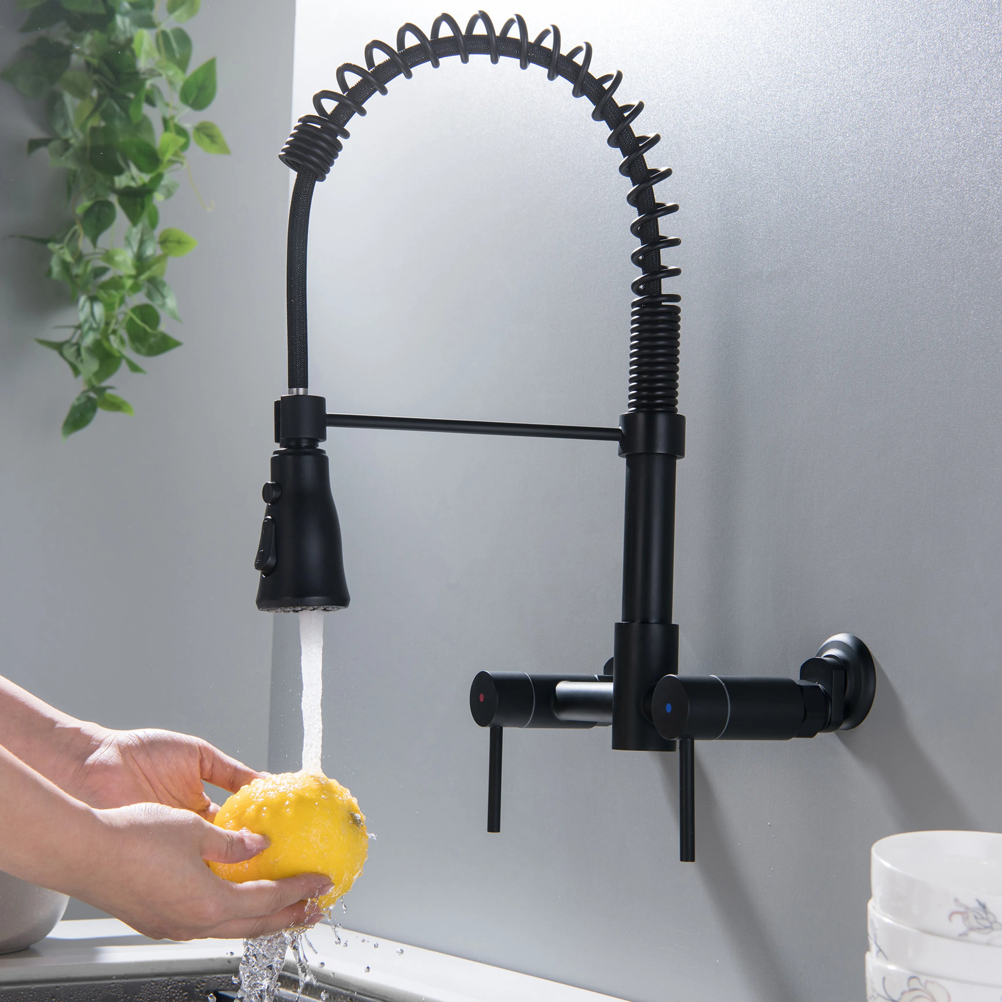 2-Handle Pull-Down Bridge Kitchen Faucet In Matte Black/Brushed Gold