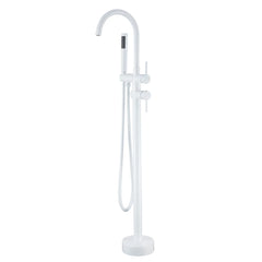 White Floor Mounted Bathtub Faucet With Tub Filler And Handheld Shower