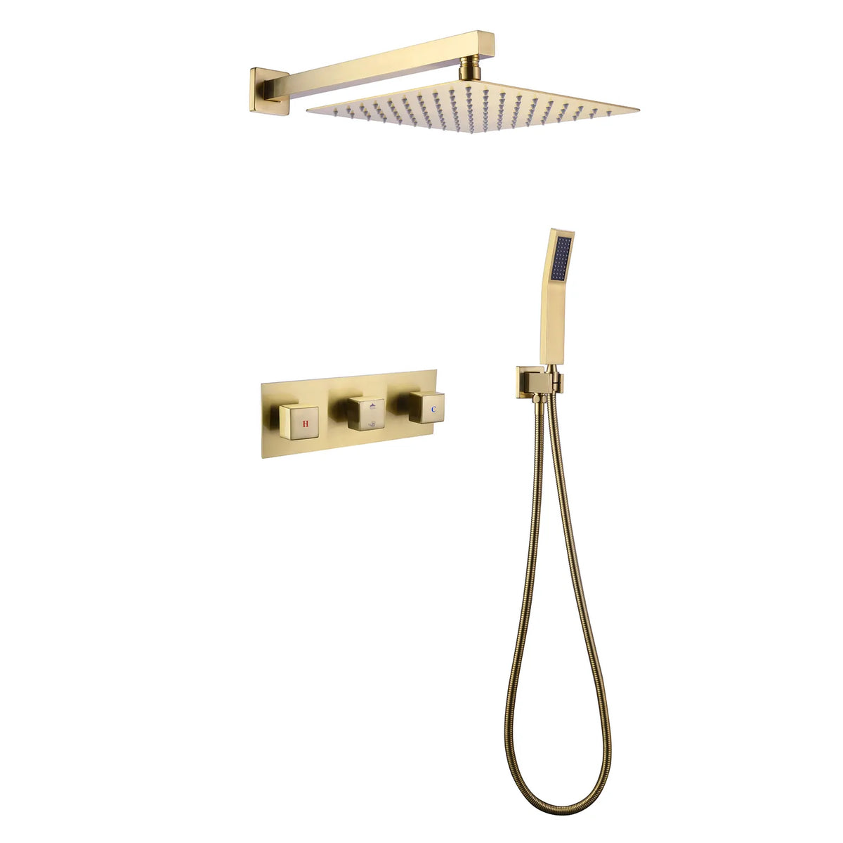 Brushed Gold Shower System With Handheld Shower Head And Rainfall Shower Head