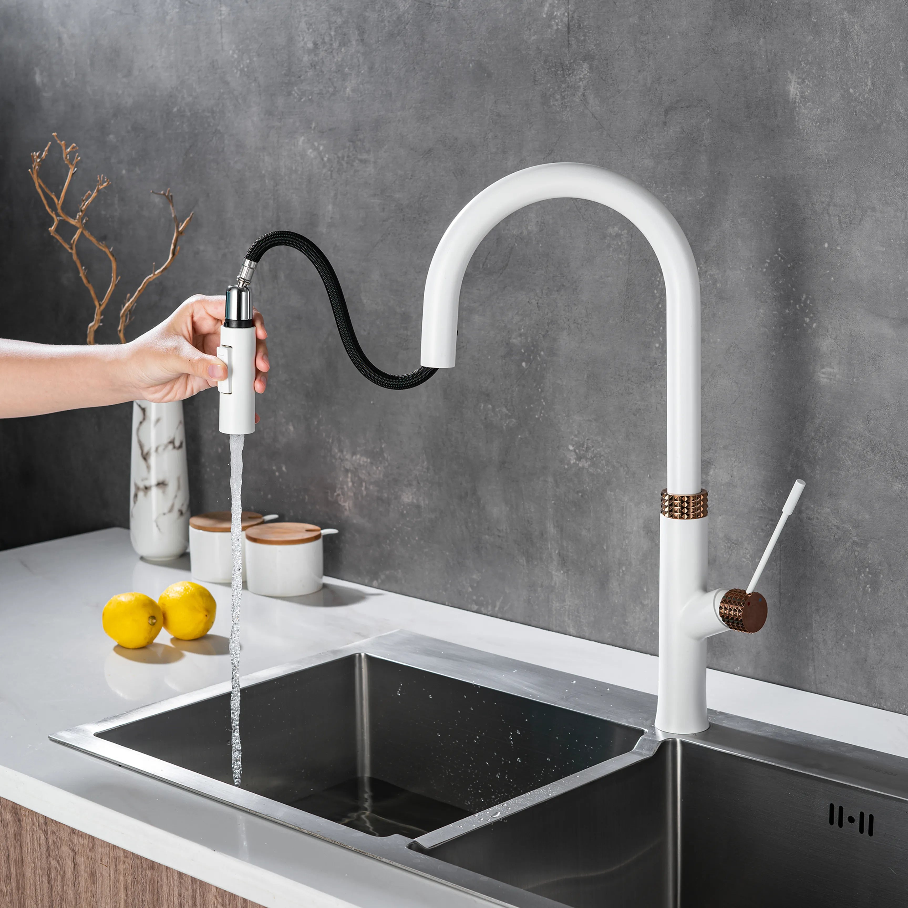 Single Hole Pull Down Kitchen Sink Faucet In White