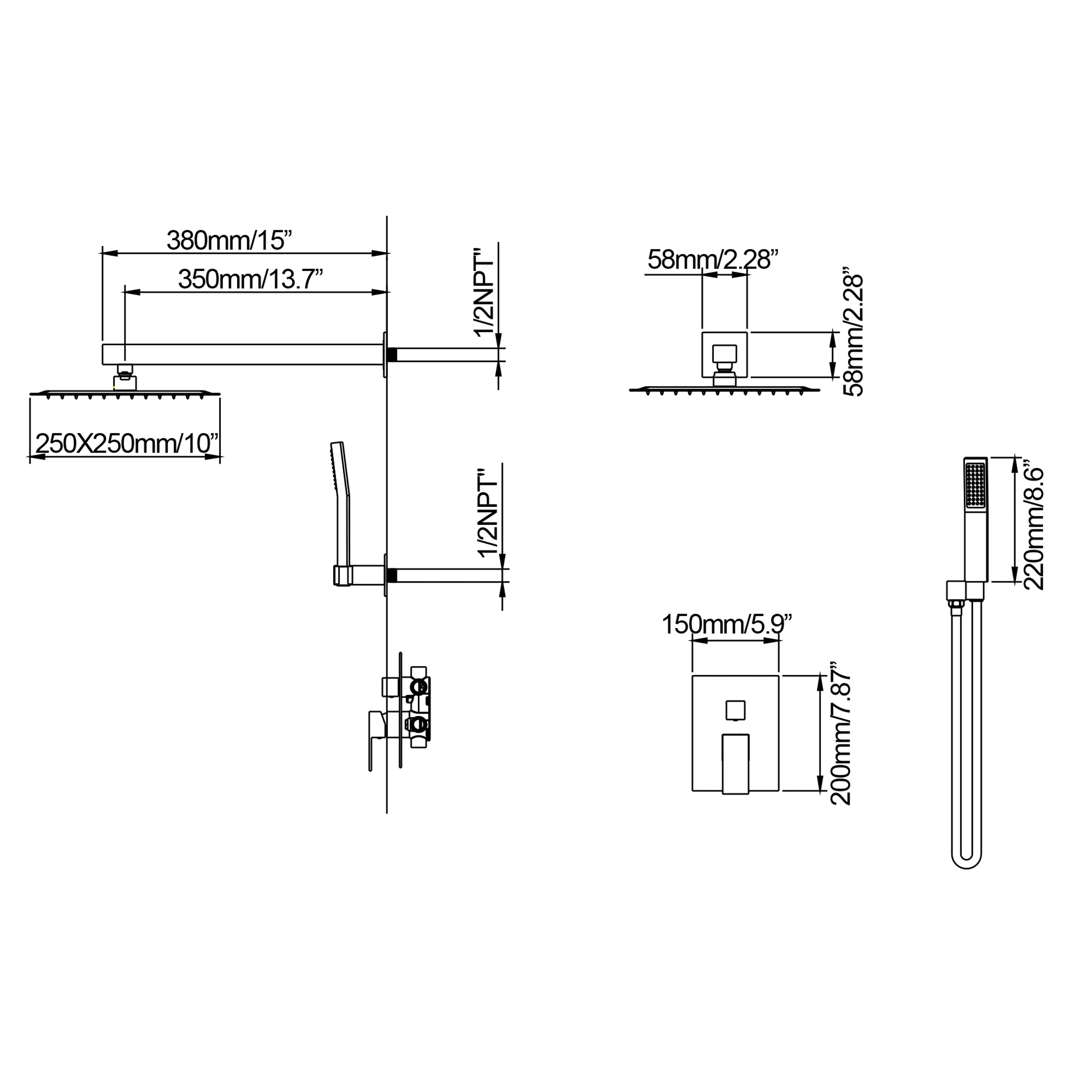 Matte Black Shower Set With Rain Shower Head, Handheld Shower Head And Pressure Balance Valve