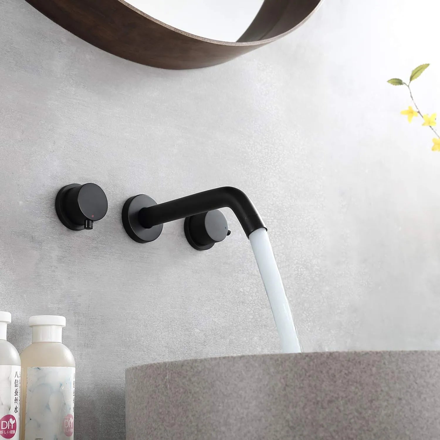 Round 2-Hand Wall Mount Bathroom Faucet In Matte Black