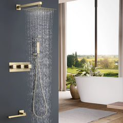 3-Function Brushed Gold Wall Mount Shower Set With Bathtub Tap